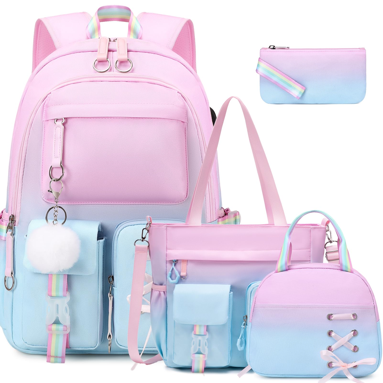 ACESAK Backpacks for Girls Teens, Y2K Aesthetic School Backpack Set with Tote Bag Lunch Bag, USB Charging Port, Kids Backpack for Elementary Middle High School College Students(Pink Blue) Pink Blue 4pcs Backpack with Tote