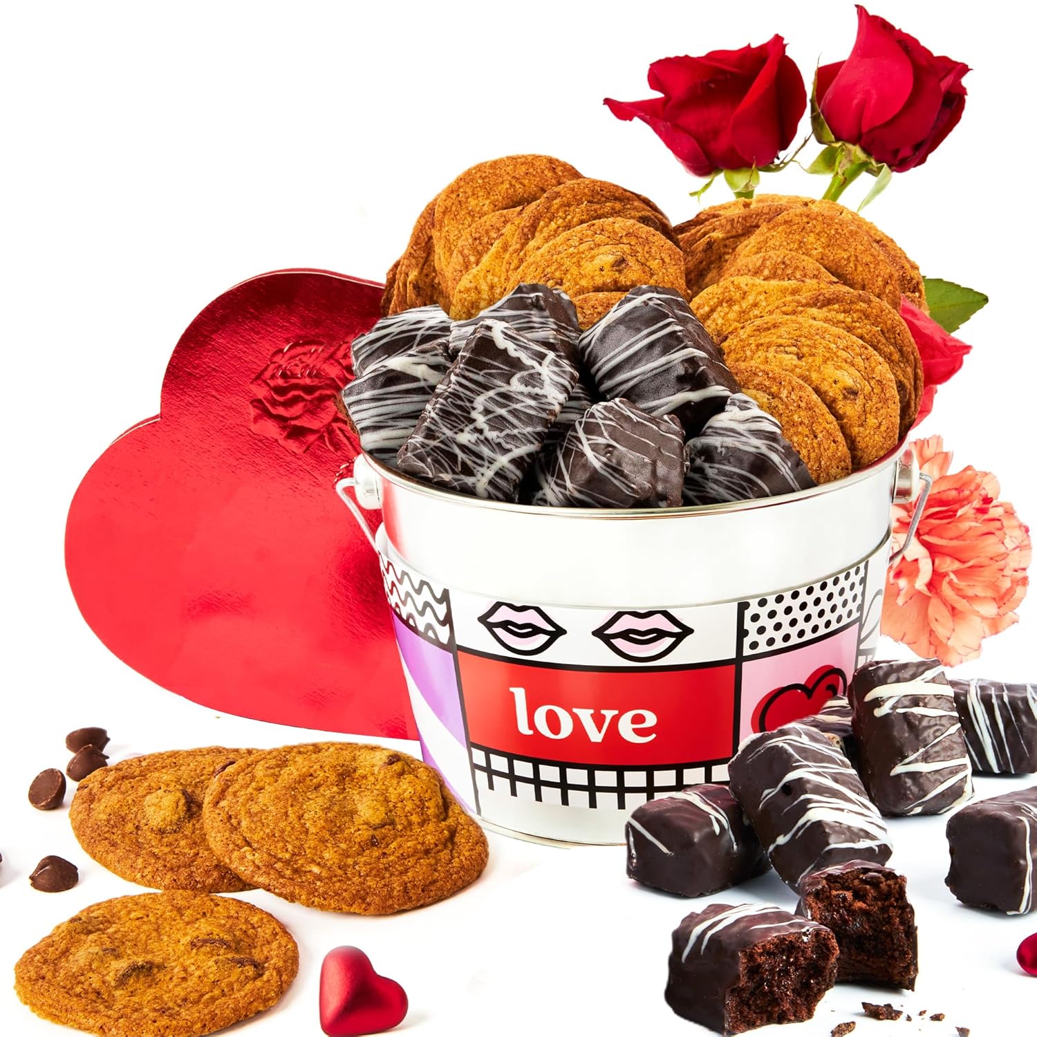 David’s Cookies Love Assorted Cookies Bucket 1.3Lbs – Delicious Thin Crispy Cookies & Chocolate Dipped Soft Brownies Treats – Love-Themed Gourmet Cookies Gift Bucket For Everyone