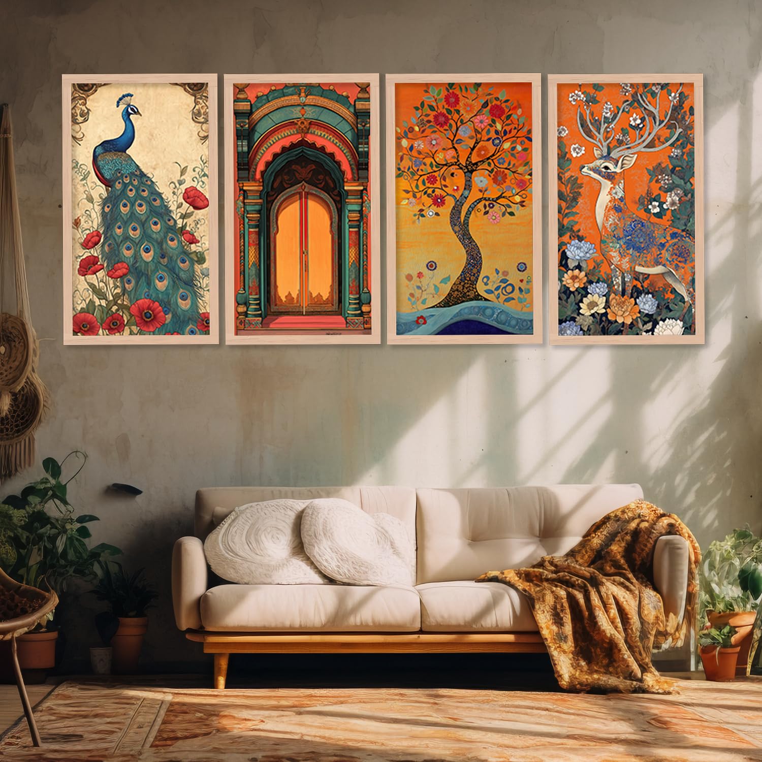 BANGERZ Painting For Wall Decoration - Madhubani Wall Painting for Living Room Bedroom Office Wall Decor (10inch x 19inch)(Pack of 4) (Artwork 6, Brown Frame, Framed)