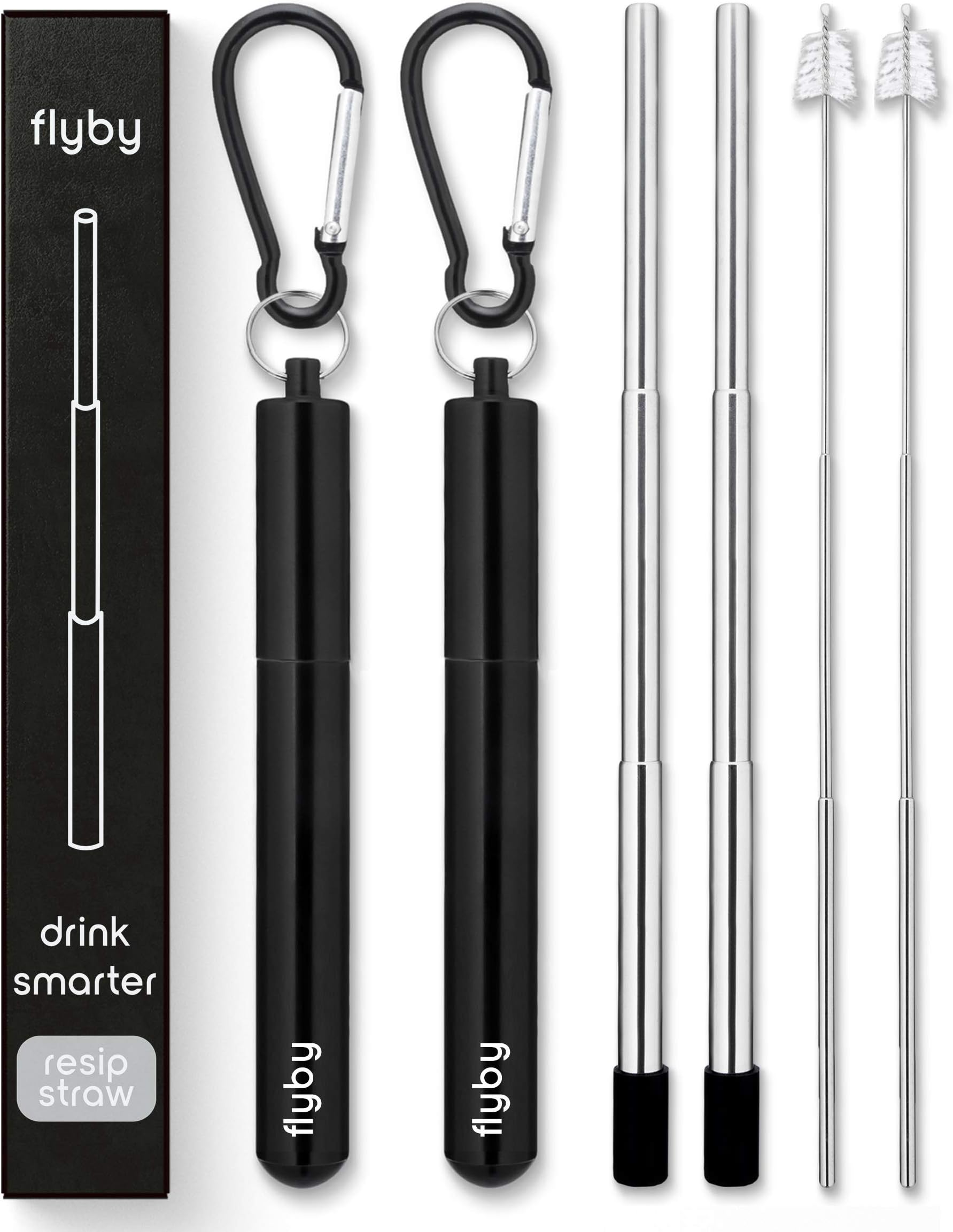 Flyby Portable Reusable Drinking Straws | Collapsible & Foldable Telescopic Stainless Steel Metal Straw Dispenser | Final Aluminum Case, Long Cleaning Brush, Silicone Tip | Black | 2-Pack