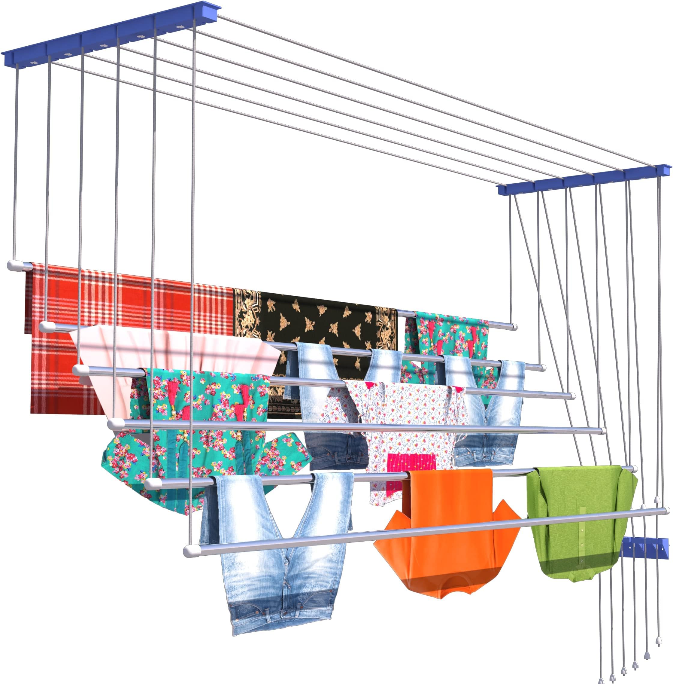 Skywave Luxury Deluxe Heavy Rust Proof Stainless Steel 6 Pipe X 4 Feet with UV Protected Nylon Ropes Individual dropdown Ceiling Cloth Dryer Stand | Cloth Drying Stand for Balcony