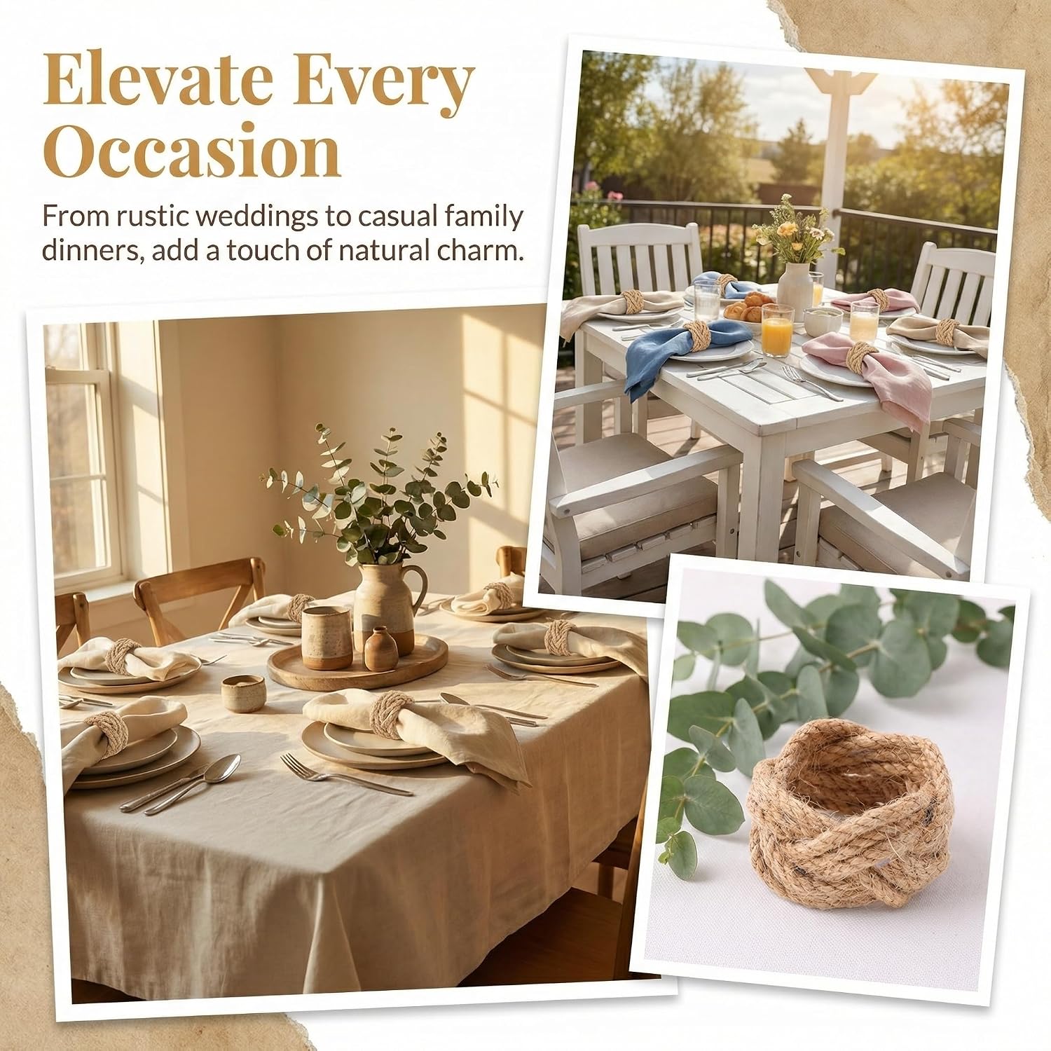 Set of 4 Woven Napkin Rings 2 Inches Round Braided Burlap Rustic Farmhouse Style Coastal Boho Western Rattan Wicker Rings for Summer Napkins and Table Decor