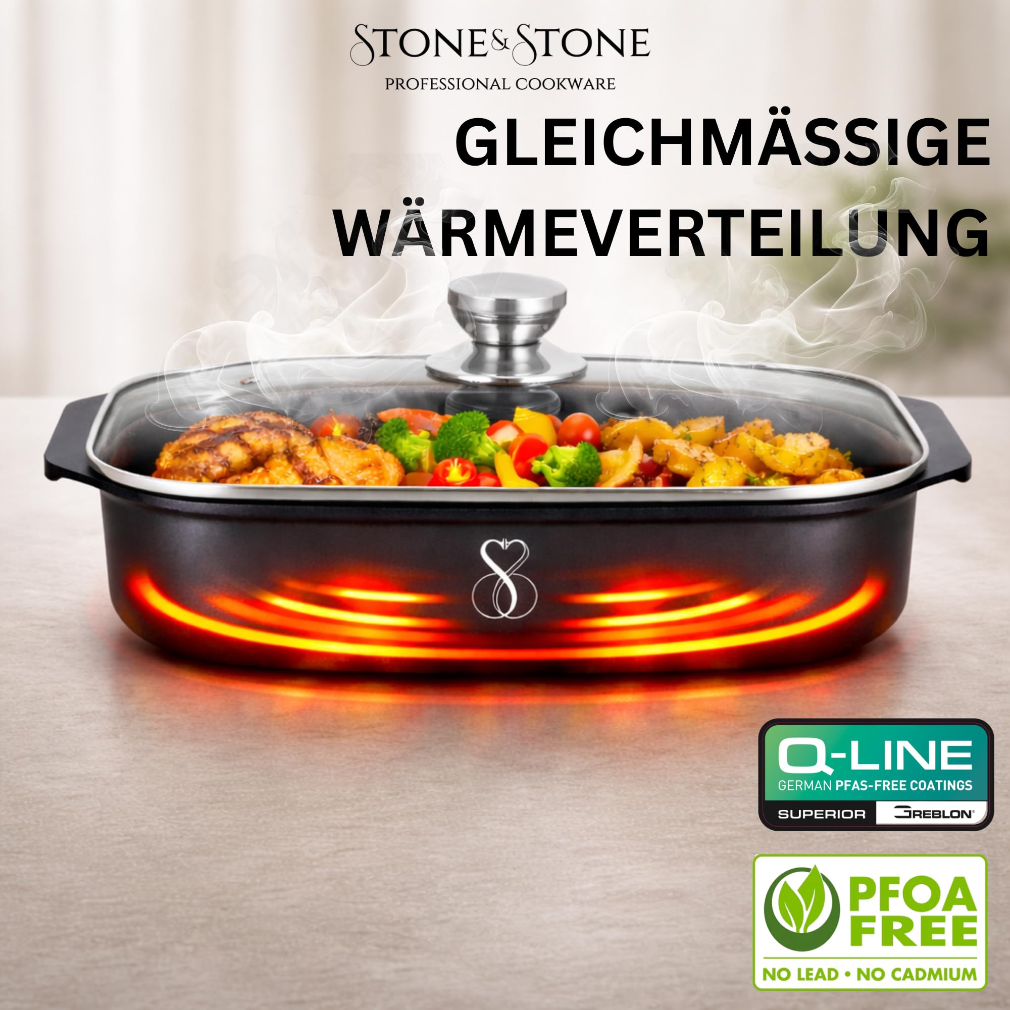 Stone&Stone Auflaufform 34x8 cm Rechteckig Antihaft, Lasagneform Bräter Ofenform aus Aluminium mit deutscher Greblon Beschichtung, Für Induktion, Gas und Ofen, PTFE-, PFOA- und PFAS-frei, mit Deckel