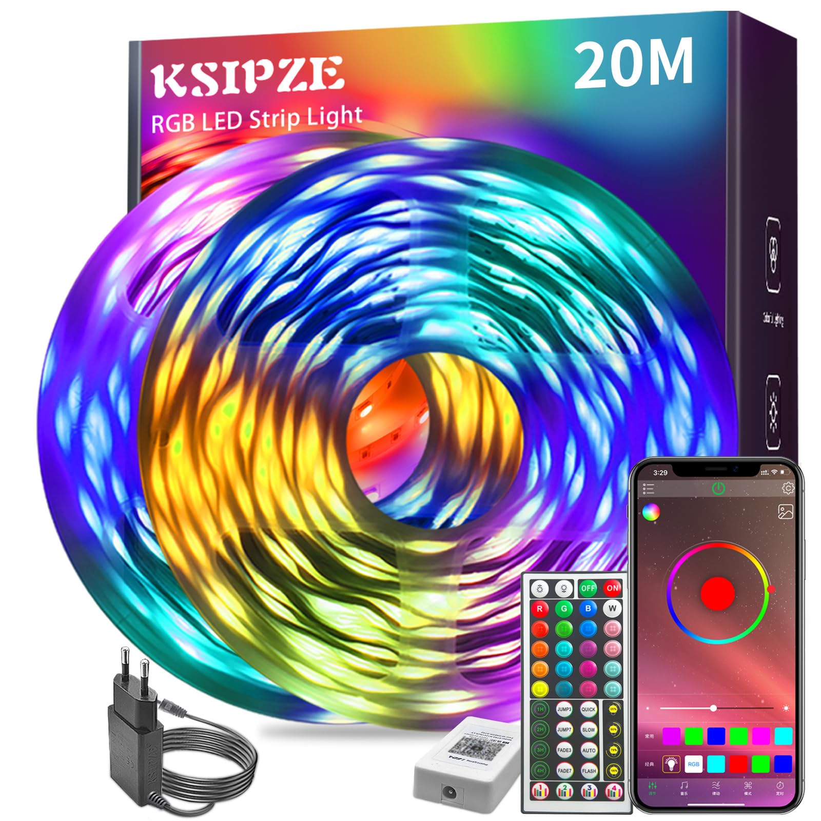 KSIPZE Led Streifen 20m (2x10m) RGB LED Strip mit Fernbedienung Bluetooth Musik Sync Timer-Einstellung Dimmbar Farbwechsel Led Lichterkette Lichtband Leiste Band Beleuchtung für Zimmer Partei