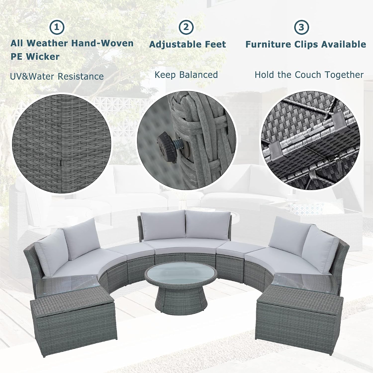 LUMISOL 10-Piece Half Moon Outdoor Sectional Sofa Set Patio Furniture Gray Wicker Sofa Gray Cushions with 4 Side Tables and Coffee Table (Light Gray, 10-Piece)