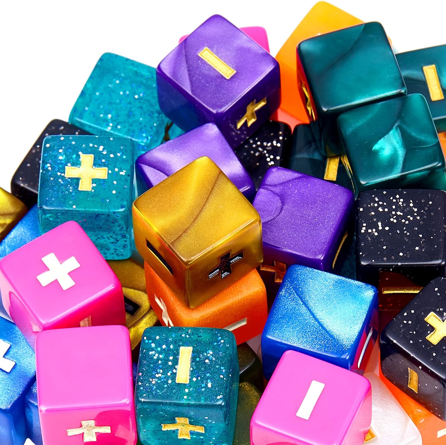 Sumind 40 Pcs Fudge Dice with 2 Black Velvet Bags Plus Minus Dice Multicolored Acrylic Toys with Plus, Minus, and Blank Sides for Kids Classroom Teacher Teaching Games Props, 10 Colors