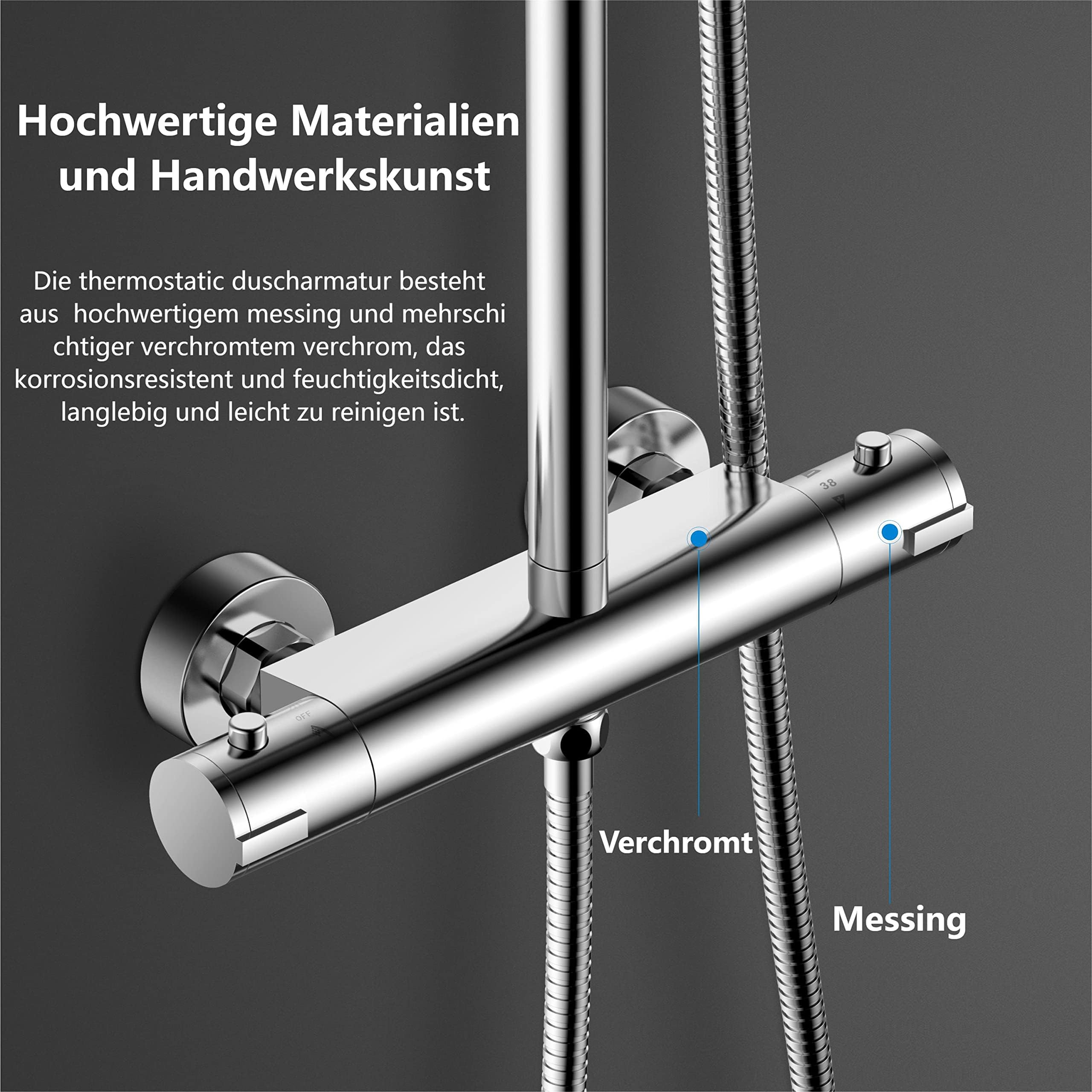 YOOZENA Duschsystem mit Thermostat, Regenduschkopf 26x19 cm, Handbrause, Chrom, Kupfer, höhenverstellbare Duschstange,duscharmatur komplettset
