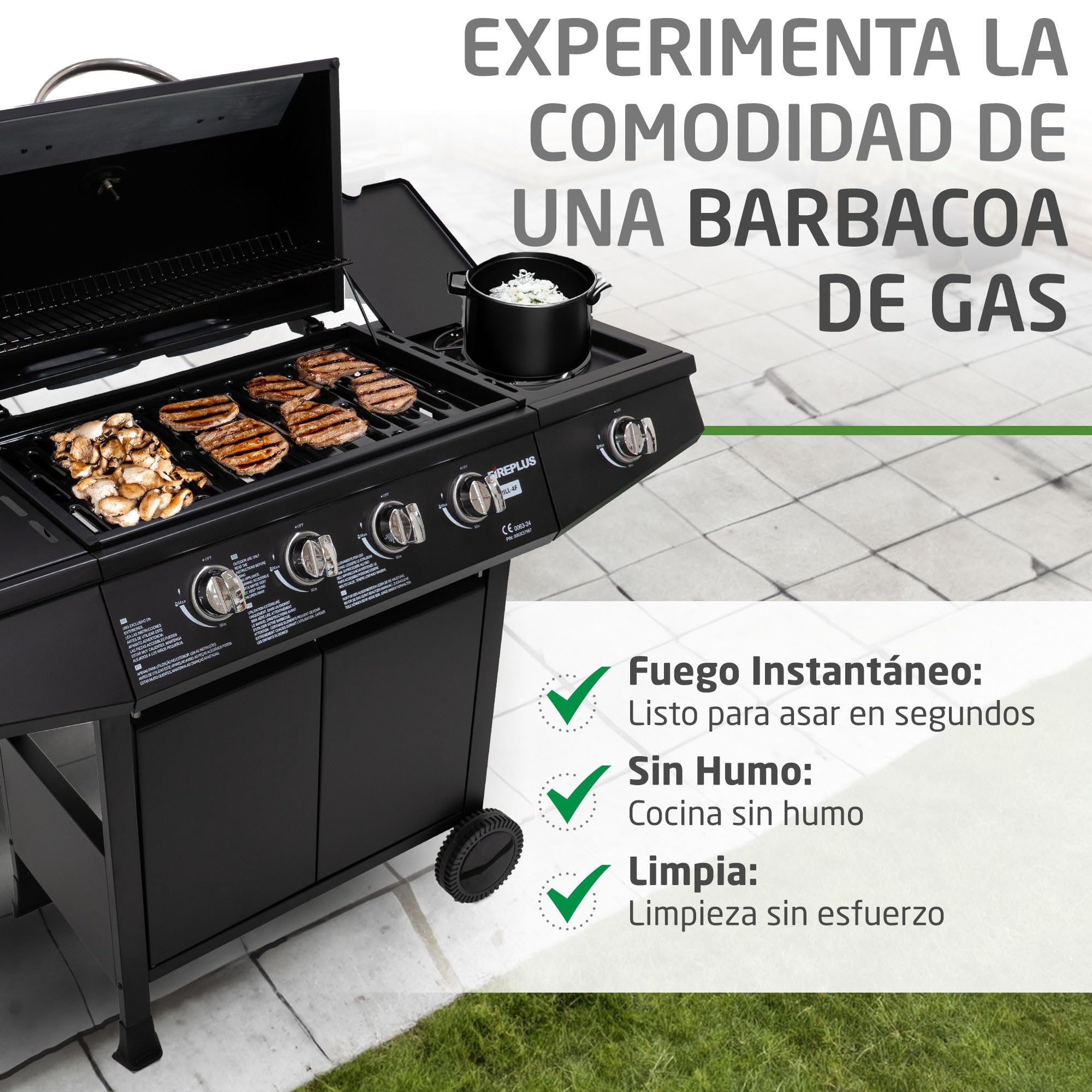 Amig - Barbacoa de gas Fireplus 4+1 de 9,3 kW - Acero inoxidable Negro - Parrilla con ruedas Modelo GRILL-4F - Barbacoa XXL con carro y termómetro - 126x52x103 cm - 5 quemadores y Bandeja lateral