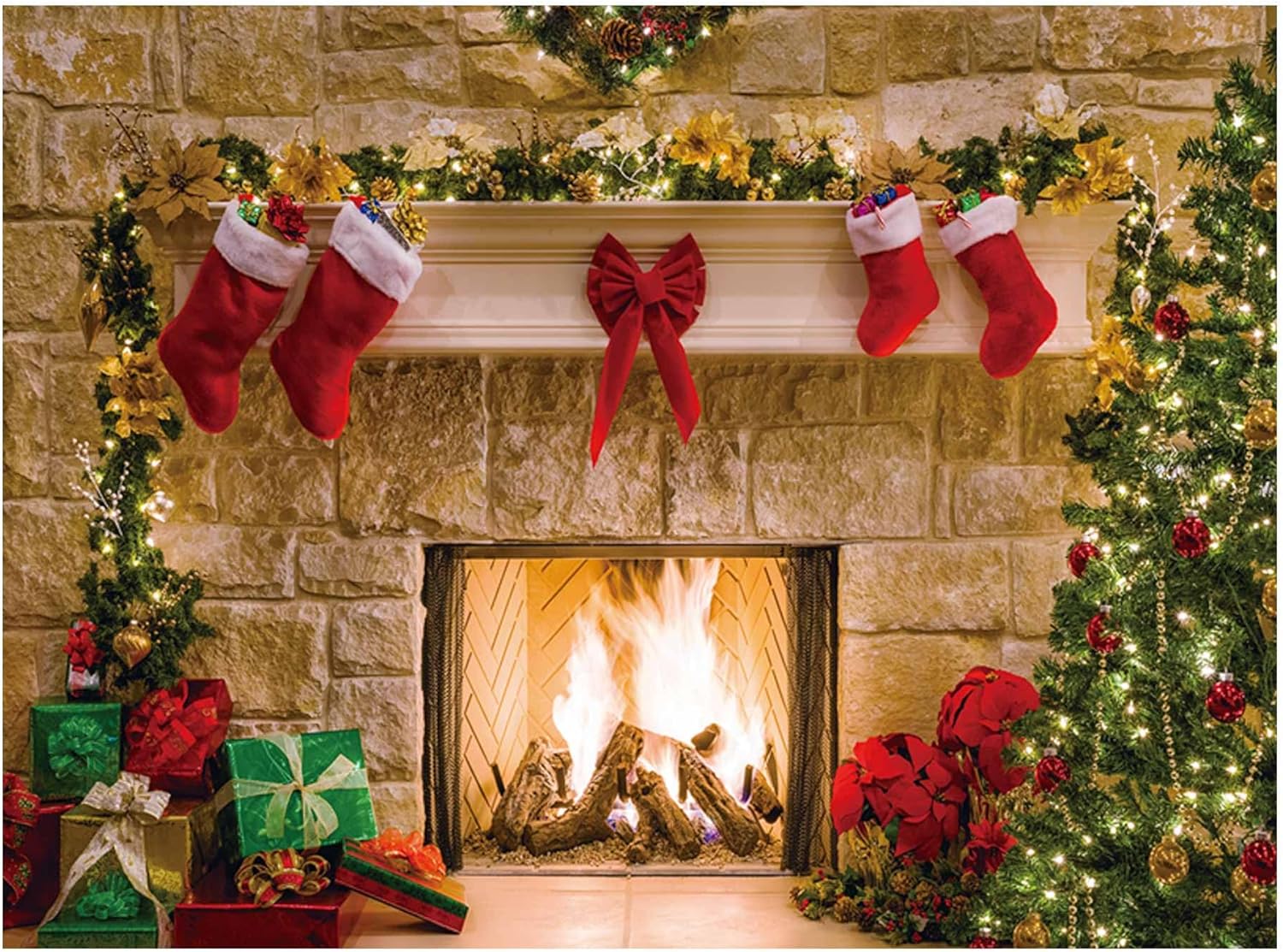 Funnytree 10x8ft Christmas Fireplace Backdrop Interior Vintage Xmas Tree Stockings Photography Background Portrait Photobooth Party Banner Decorations Photo Studio Props