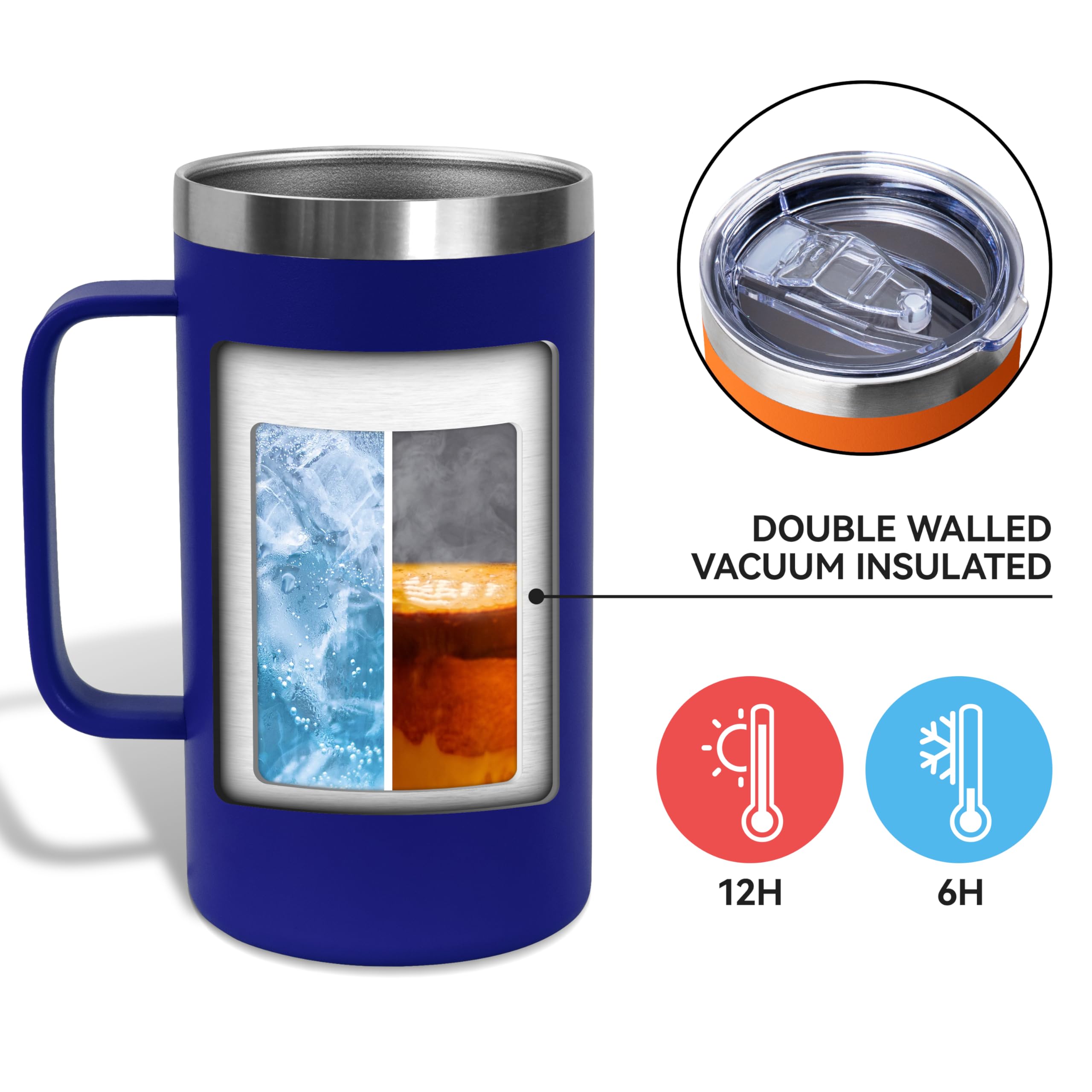 DOMICARE Taza de café de acero inoxidable de 24 onzas con asa y tapa, taza de viaje con asa, vaso de café al vacío de doble pared, taza aislada reutilizable, azul oscuro, paquete de 8