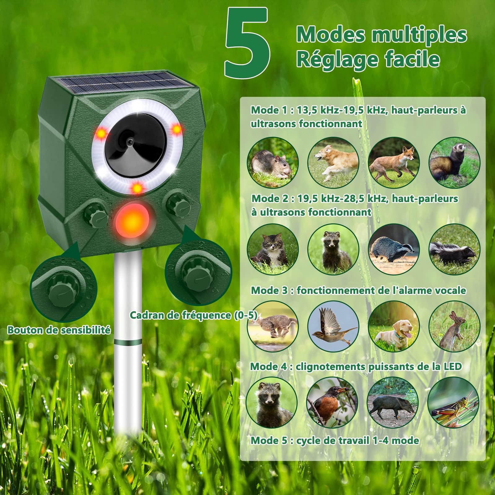 Répulsif Animaux Solaire, Repulsif Chat Exterieur, Ultrason Oiseau, Répulsif Souris, Ultrason Charge Solaire, Chargement USB, Jardin pour Cours, Fermes, Champs (Vert)