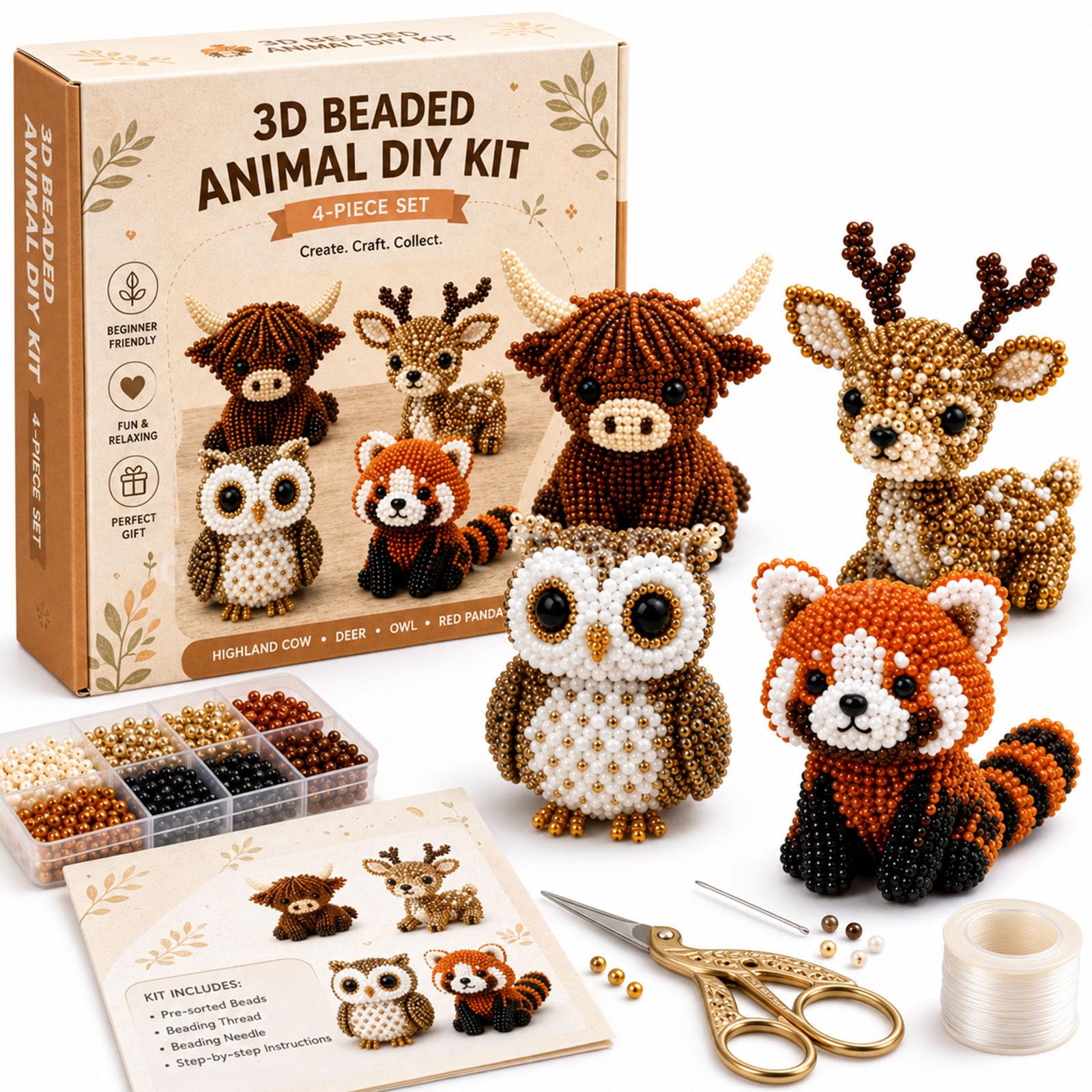 Liocwocne Tiny 3D Beaded Animal DIY Kit, Cute Bird and Animals Bead Making Set with Instructions, Handmade Beadwork Embroidery Art Craft Kits, Creative Jewelry Gift for Adults Teens (White)