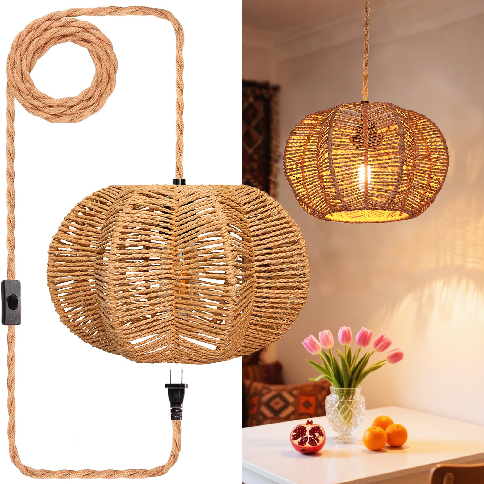 Photo 1 of Eqquorva Hanging Lights with Plug in Cord Rattan Hanging Lamp Boho Ceiling Light Fixtures Farmhouse Pendant Lamp Shape for Living Room Bedroom Kitchen