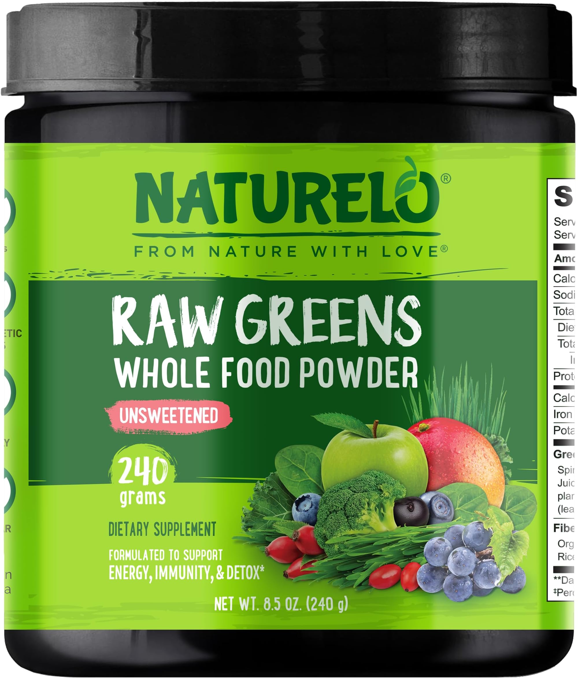 NATURELO Raw Greens Superfood Powder - Unsweetened - Boost Energy, Detox, Enhance Health - Organic Spirulina - Wheat Grass - Whole Food Nutrition from Fruits & Vegetables - 240 Grams