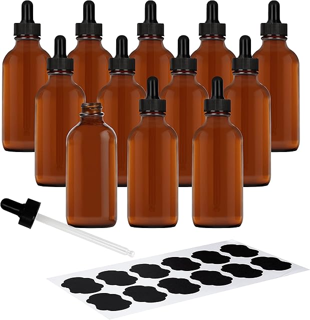 BELLE VOUS Amber Glass Dropper Bottles (12 Pack) - 60ml / 2oz Refillable Bottles with Eye Dropper Pipettes - Empty Tincture Bottles for Essential Oils/Beauty Oil Mix, Aromatherapy Blends, and More