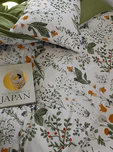 Miniatura 4 de Juego de edredón botánico tamaño Queen, color blanco y verde salvia, juego de ropa de cama floral con patrón de jardín impreso en blanco, manta