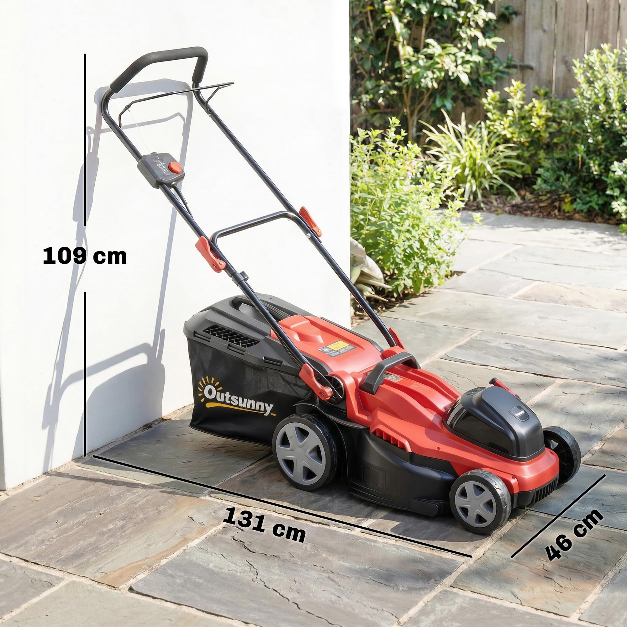 Outsunny Cortacésped eléctrico 800W 40cm Ancho de Corte con Bolsa 45L | Indic. batería, protec. sobrecarga, 7 alturas corte, segadora eléctrica, asas removibles, cortacésped, solo herramienta