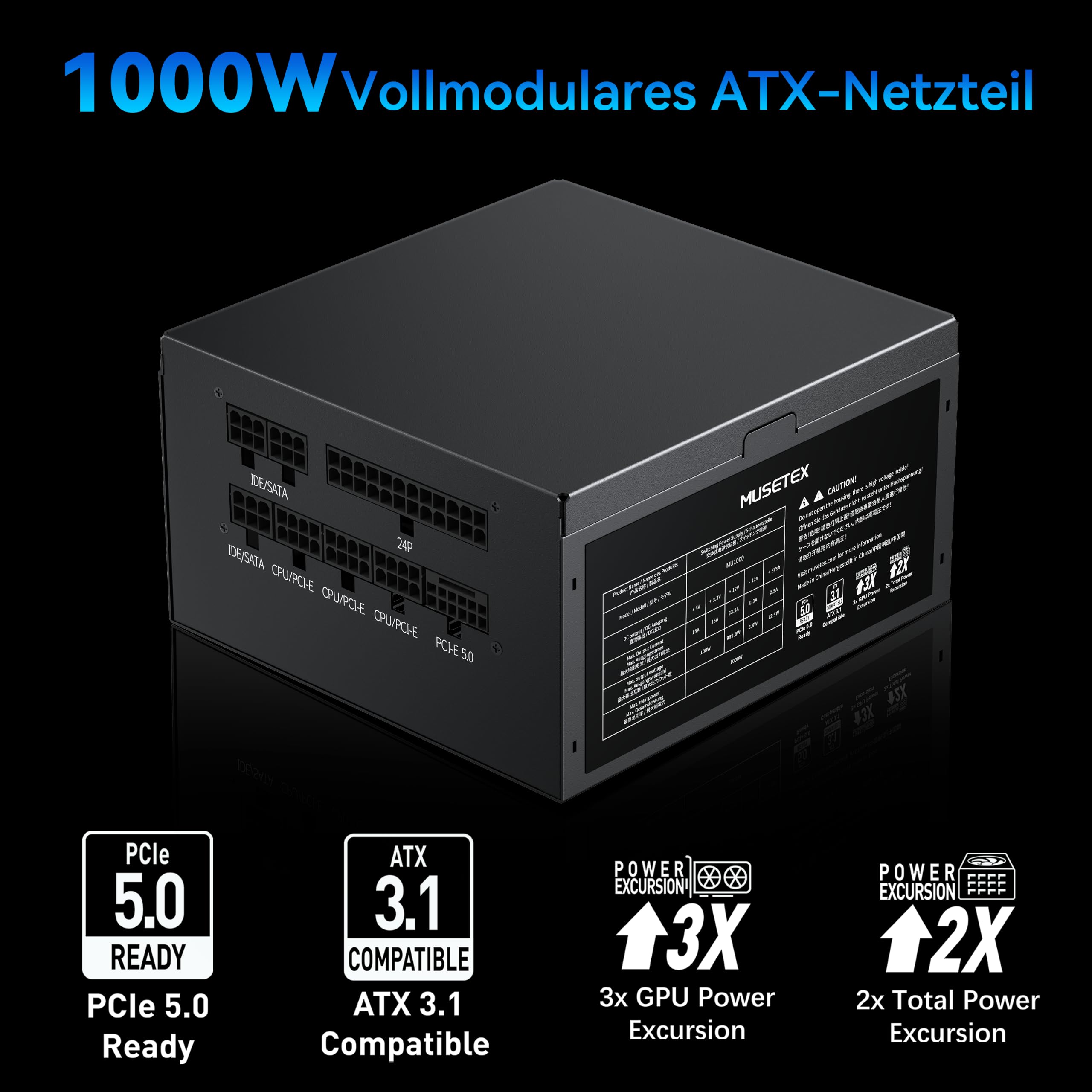 MUSETEX 1000 Watt Netzteil, vollständig modulares ATX-Netzteil mit 12V-2x6-Kabel, ATX 3.1 & PCIe 5.0 Gaming-Netzteil, 105°C-Hauptkondensatoren, leiser 140-mm-Lüfter, Netzteil PC, (Schwarz) (MU1000)