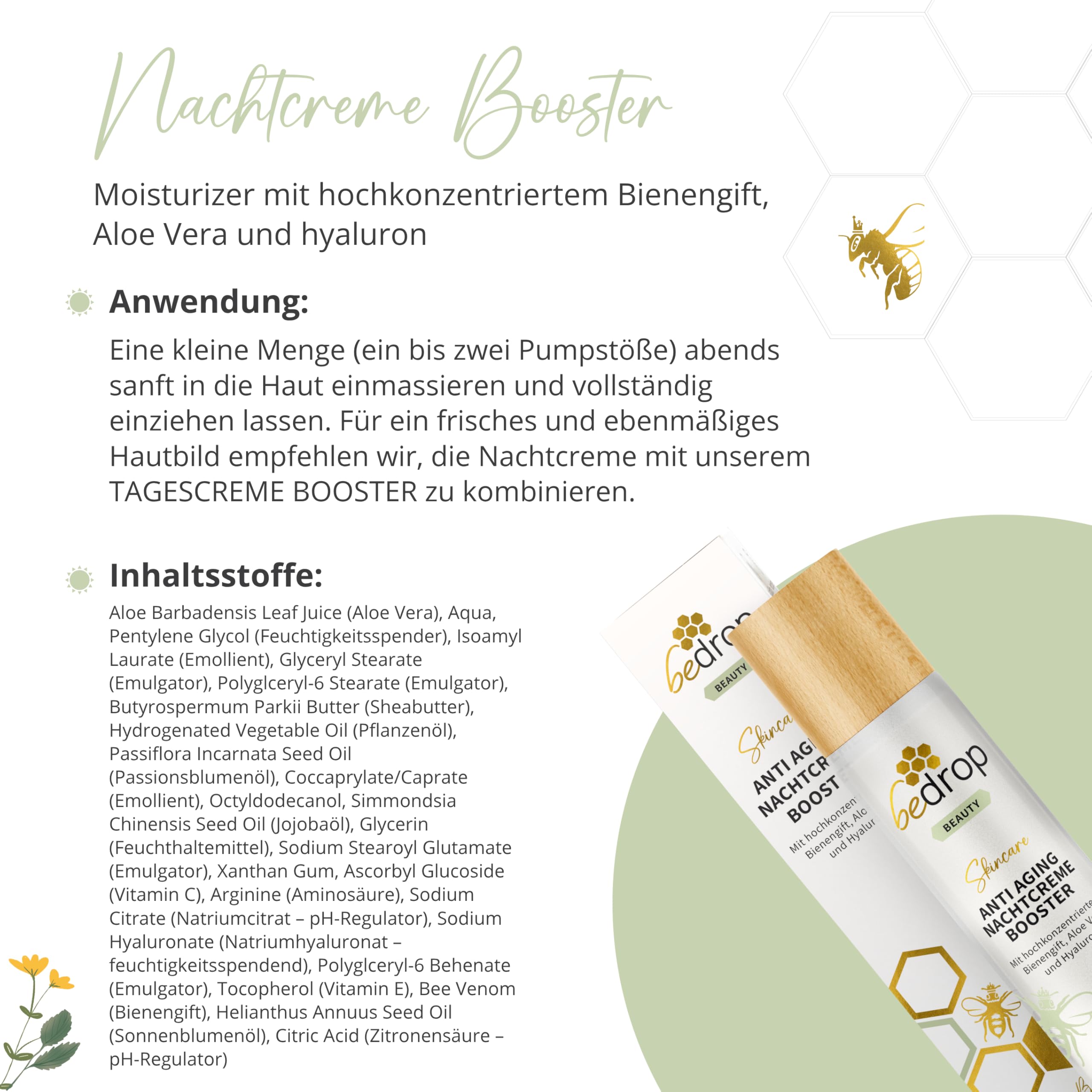 bedrop Anti-Aging Nachtcreme BOOSTER regenerierende Nachtpflege mit Bienengift, Aloe Vera, Hyaluron, Jojobaöl, Vitamin C und Arginin zur Faltenminderung - 50ml (3x 50ml Sparset)