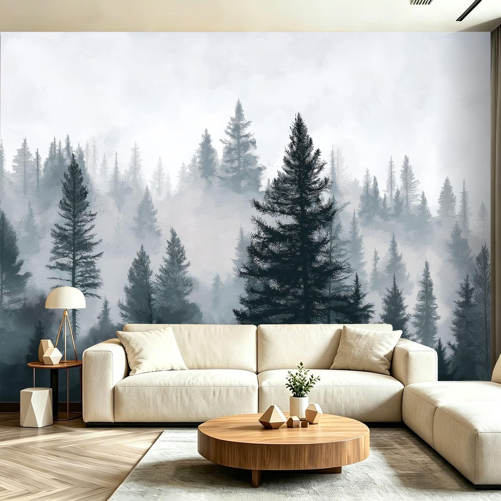 Genérico Papel Pintado No Tejido 250 x 175(WxH),Pinos de Altiplano Nórdico Verde Diseño,Fácil de Instalar Decoración de Pared para Salón Dormitorio Oficina