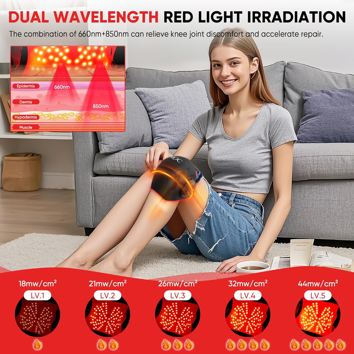 Red Light Therapy for Knee Pain Relief,Vibration Knee Massager with 660nm&850nm,3 in 1 Heated Knee Brace for Knee/Joint/Elbow/Shoulder,Rechargeable Near Infrared Light Therapy Device - Image 3