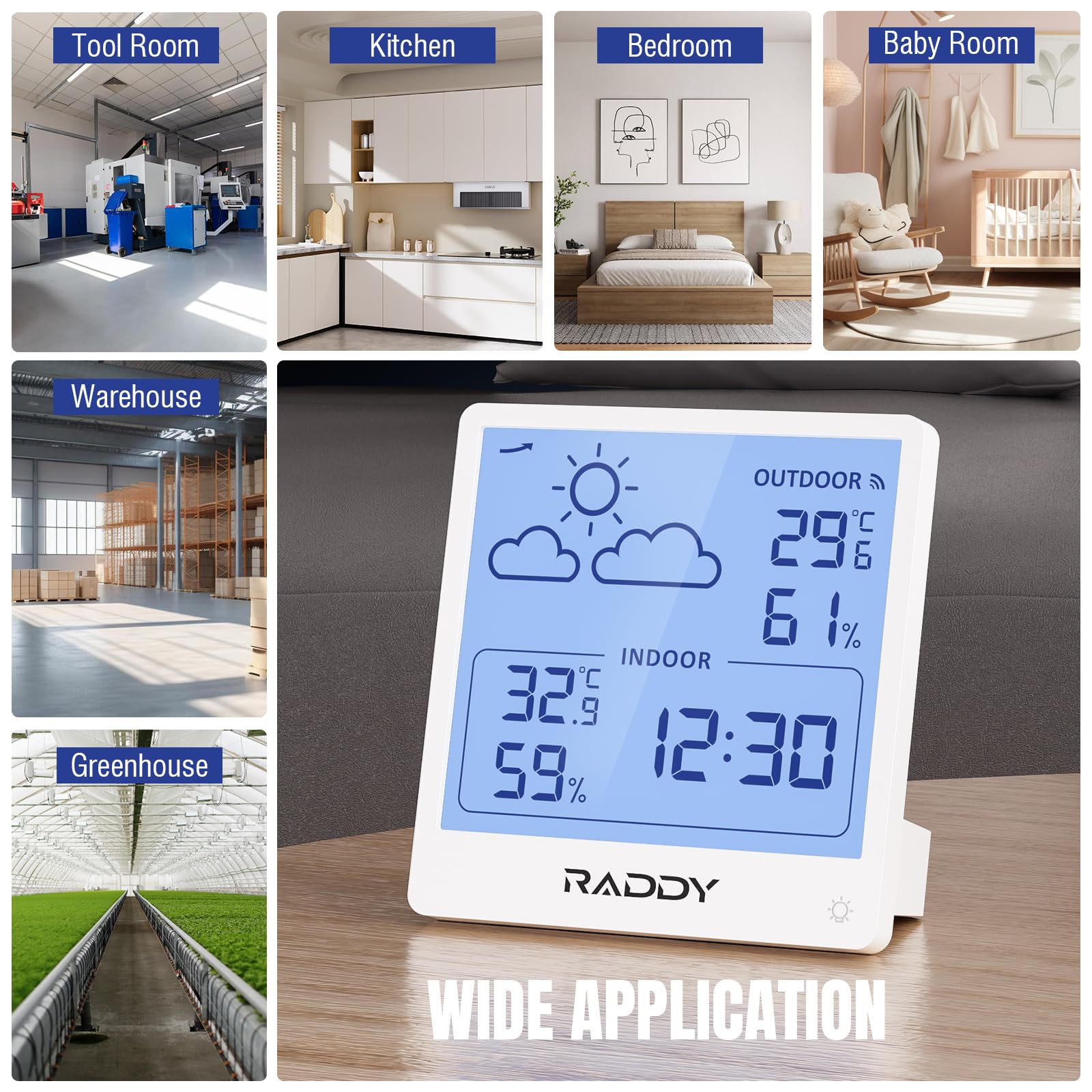 Raddy WF-50T Stazione meteorologica wireless, Termometro Igrometro per interni ed esterni, 5,0'' TN display, alimentazione tramite USB-C, previsioni del tempo, sensore remoto wireless (Bianco)