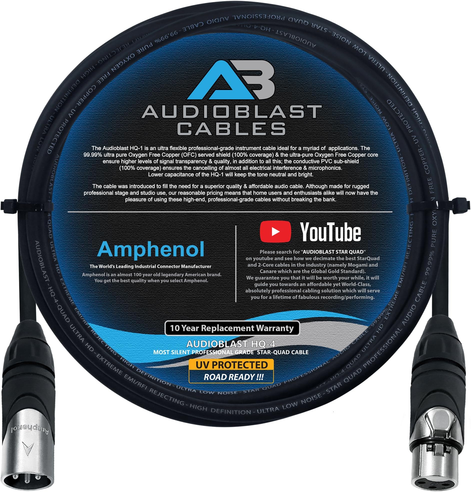 Audioblast - 6 Foot - HQ-4 - Star Quad Balanced Male to Female Microphone Cable with Amphenol AX3M & AX3F Silver XLR Connectors – UV Protected & Road Ready