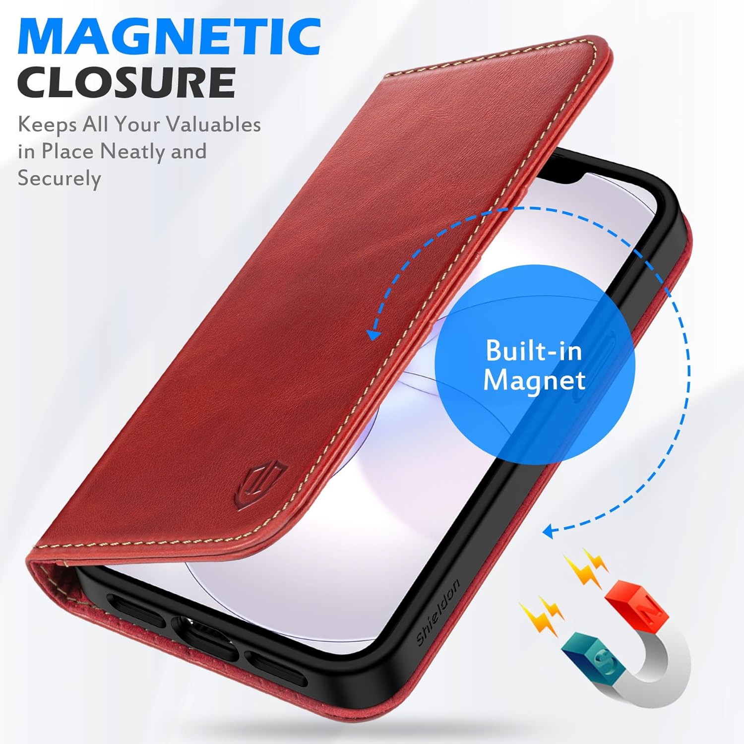 SHIELDON Wallet Case for iPhone 17e/16e 5G, Genuine Leather Folio Book Case, Magnetic Closure, RFID Blocking Card Holder, Kickstand, Full Protection Cover Compatible with iPhone 16e 6.1" - Retro Red