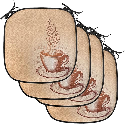 Lunarable Juego de 4 almohadillas de cojín para silla de café diseño de platillo sobre fondo temático de damasco arte ornamental acolchado de