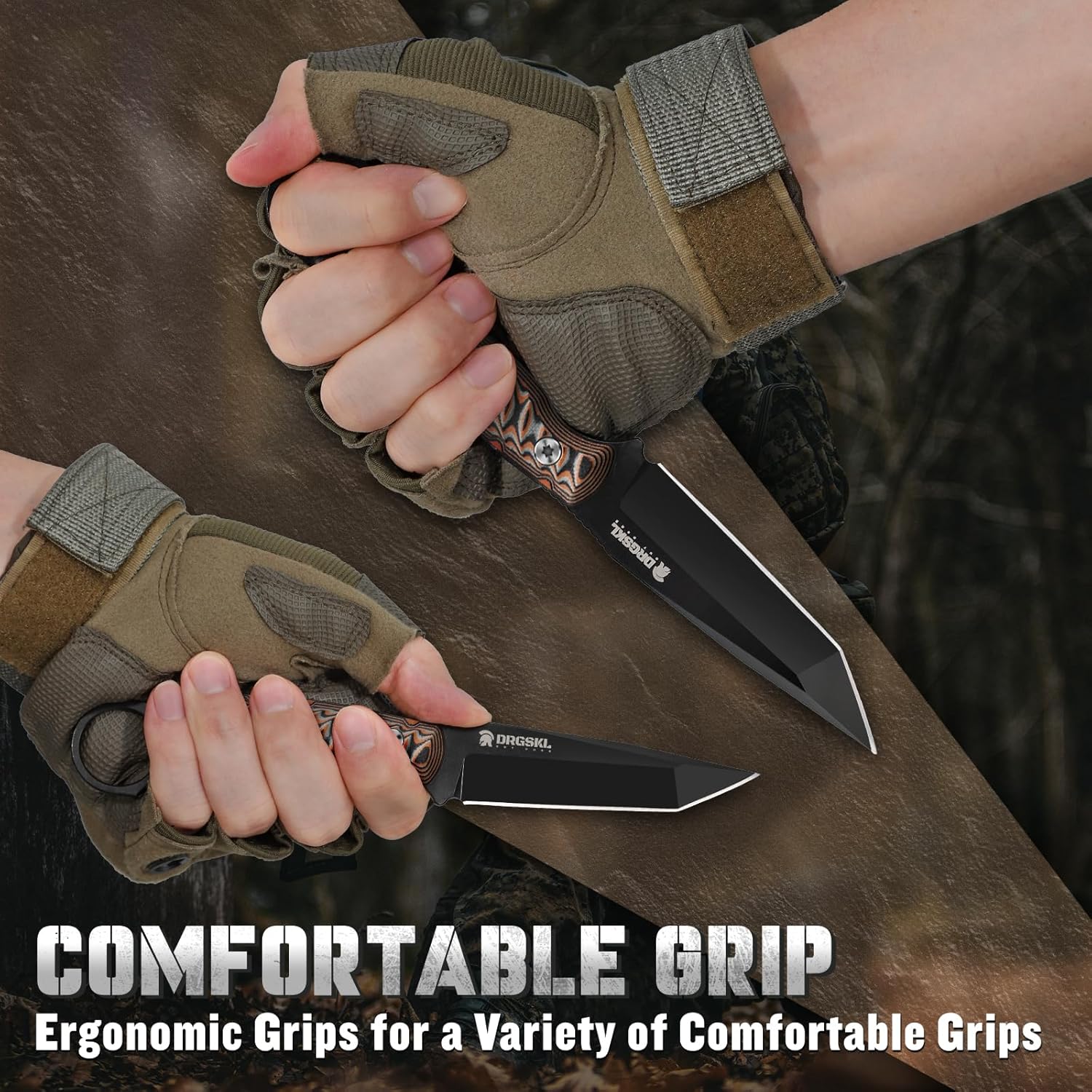 DRGSKL Tanto Fixed Blade Knife - Full Tang Survival Knife for Bushcraft - Camping Knives with Sheath - Black Knives Forged from a Single Piece of D2 Steel - Ideal Gift for Men - Brown