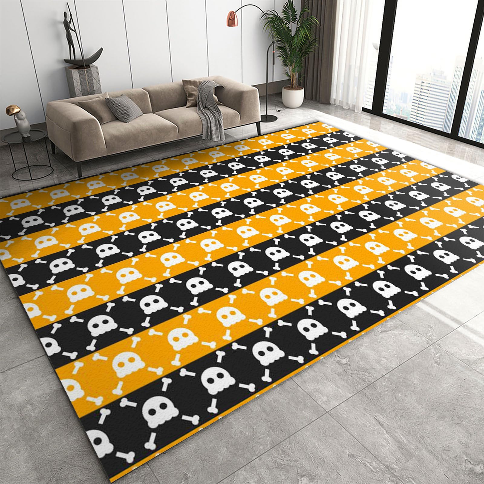 FIEMAR Area Rug 80 x 150 cm White Skull Bone Bedroom Rugs, Black Orange Stripe Large Carpet Soft with non-slip backing for Halloween Living Room Dining Room Under Kitchen Table Entryway Home Office