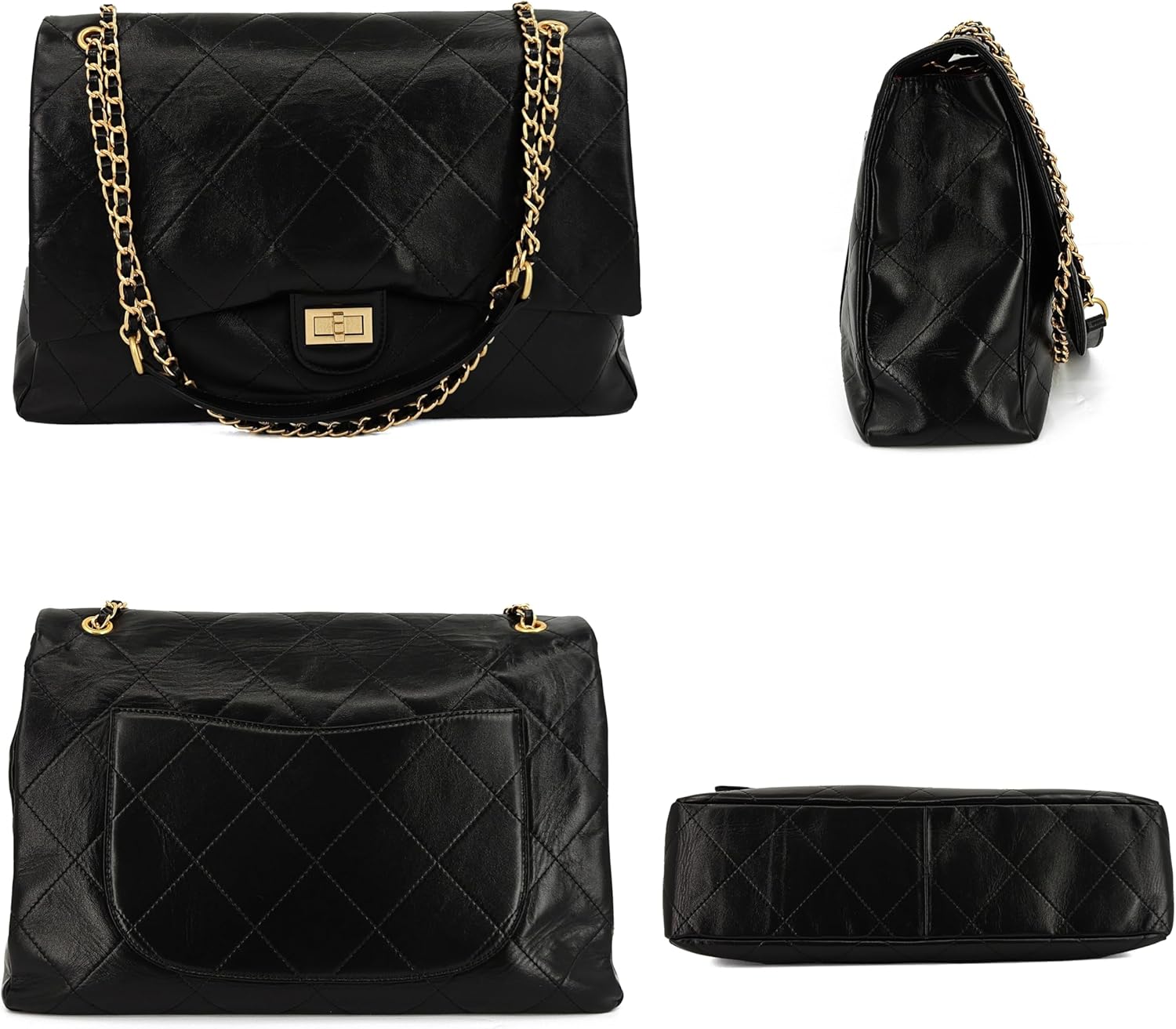 Large Quilted Leather Shoulder Bag for Women, Oversize Double Gold Chain Strap Tote Bag, Classic Briefcase Flap Purse - Image 3