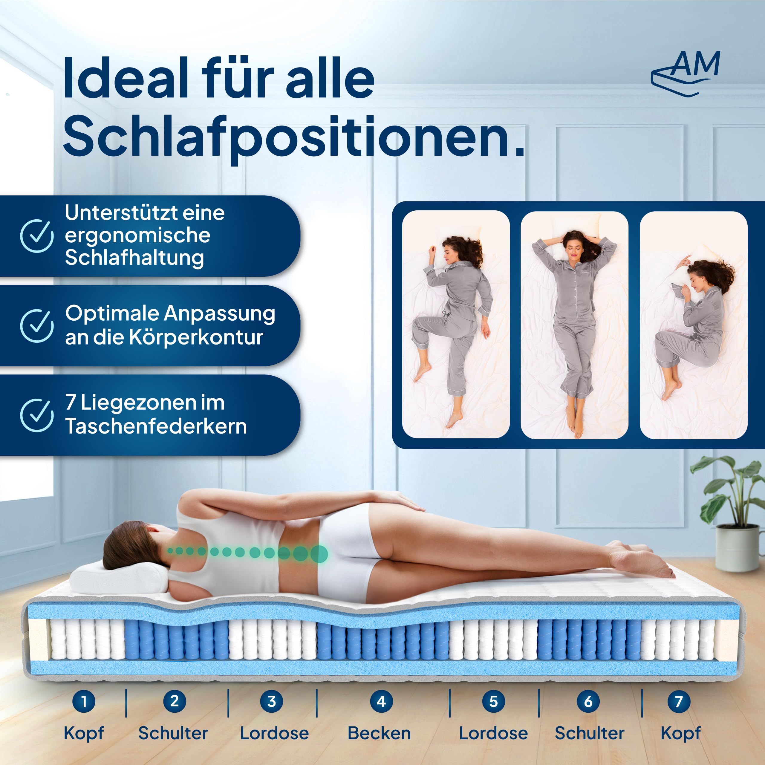 AM Qualitätsmatratzen 1000 Federn Taschenfederkernmatratze 90x200cm H3 24cm - Made in Germany & Oeko TEX Siegel - Federkernmatratze 90x200 mit Lyocell Bezug - 7 Zonen Matratze 90x200 H3