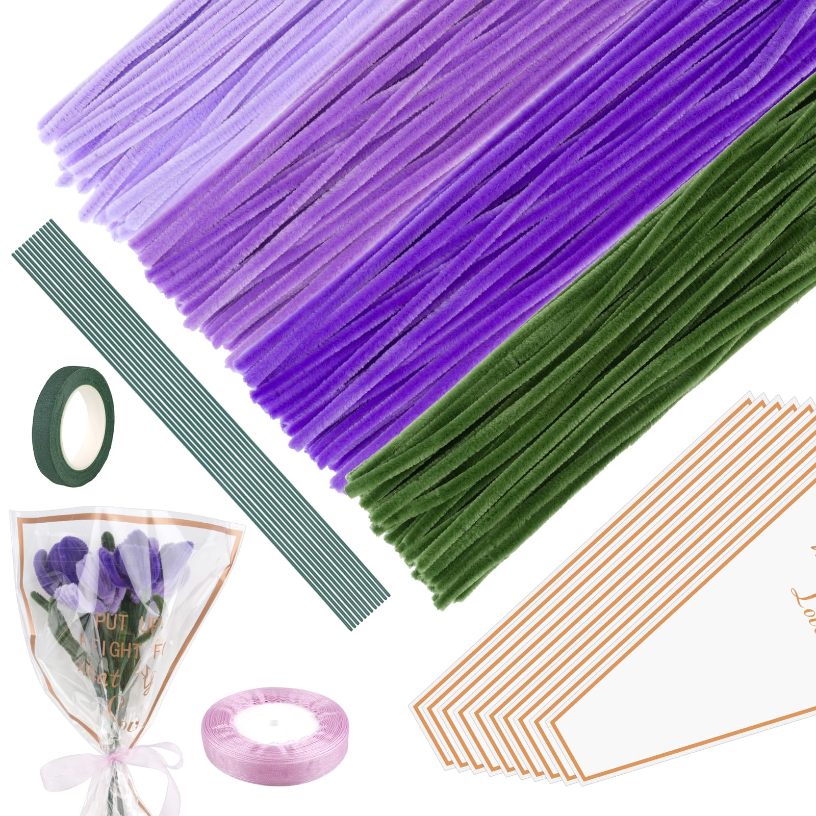 Pfeifenreiniger Blumen Set, 171 Stück Pfeifenputzer zum Basteln, Tulpe Blumenstrauß Pfeifenreiniger mit Blumendraht, Chenilledraht, Schleifenband, Geschenkpapier für DIY Blumen