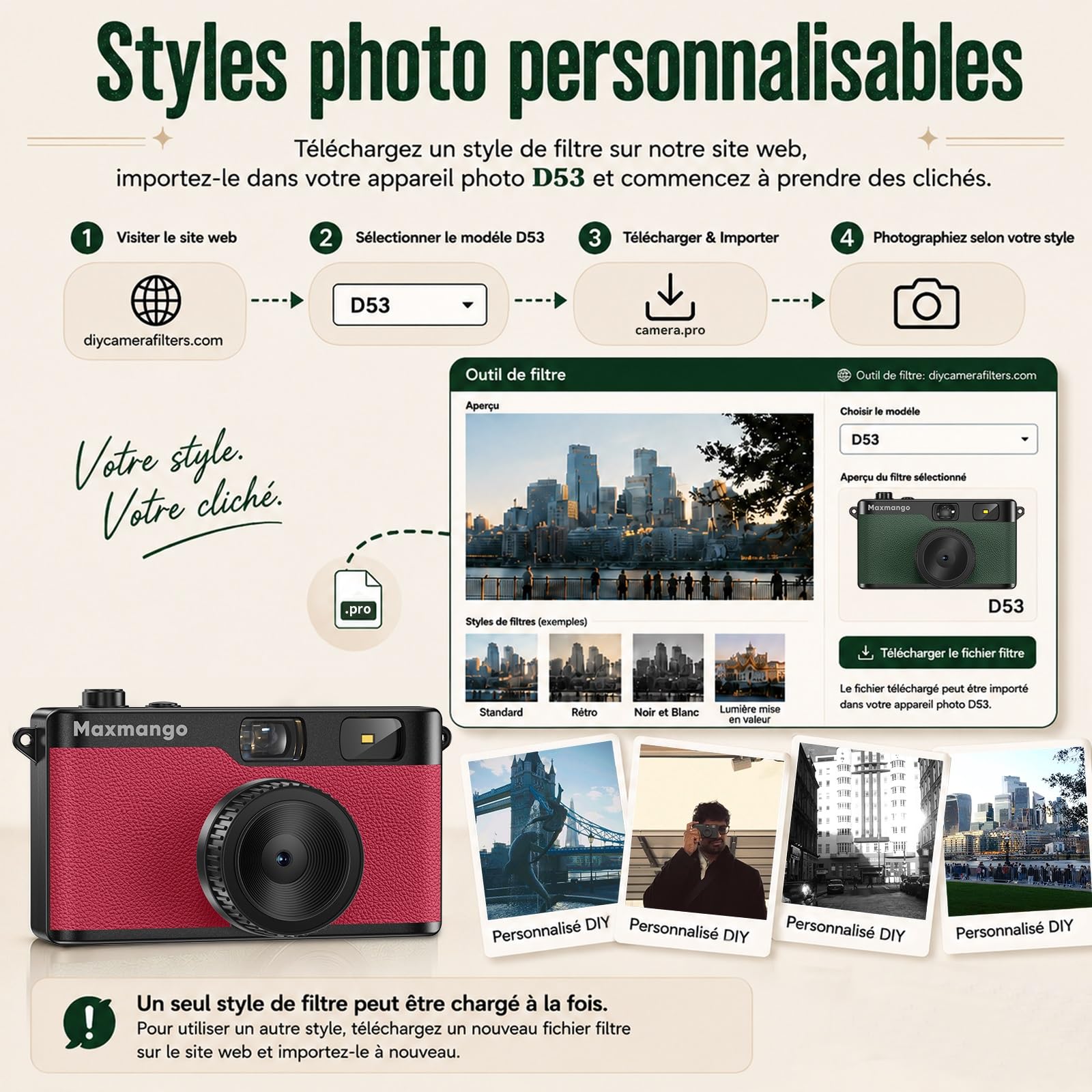 Maxmango D53 Appareil Photo Vintage sans Écran, Appareil Photo Numérique Rétro 12 MP, Filtres DIY à Télécharger, Transfert USB-C, Carte SD 8 Go Incluse (Rose)