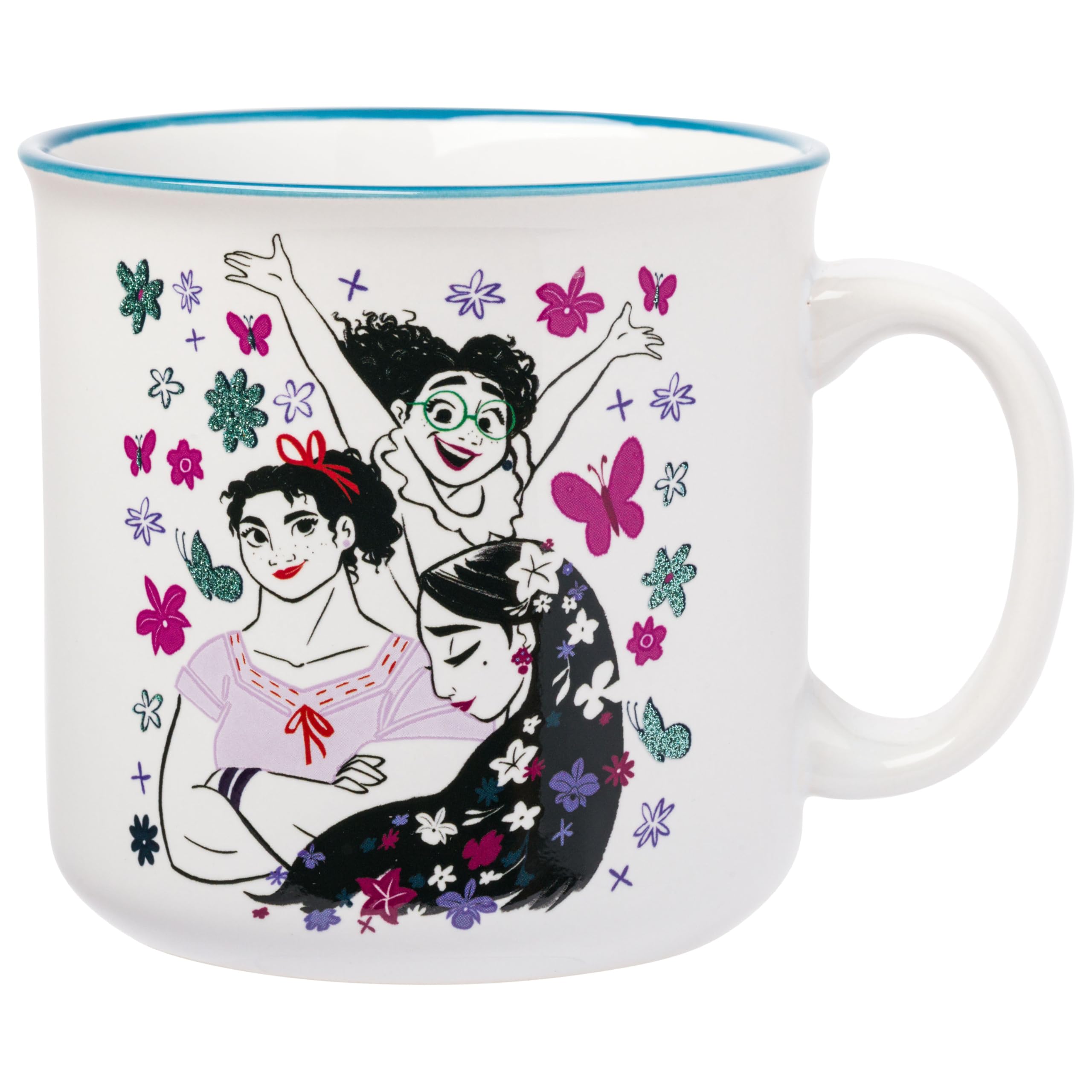 Silver Buffalo Disney Encanto Magic of Family Featuring Mirabel, Isabela, and Luisa Madrigal Glitter Ceramic Camper Mug, 20 Ounces