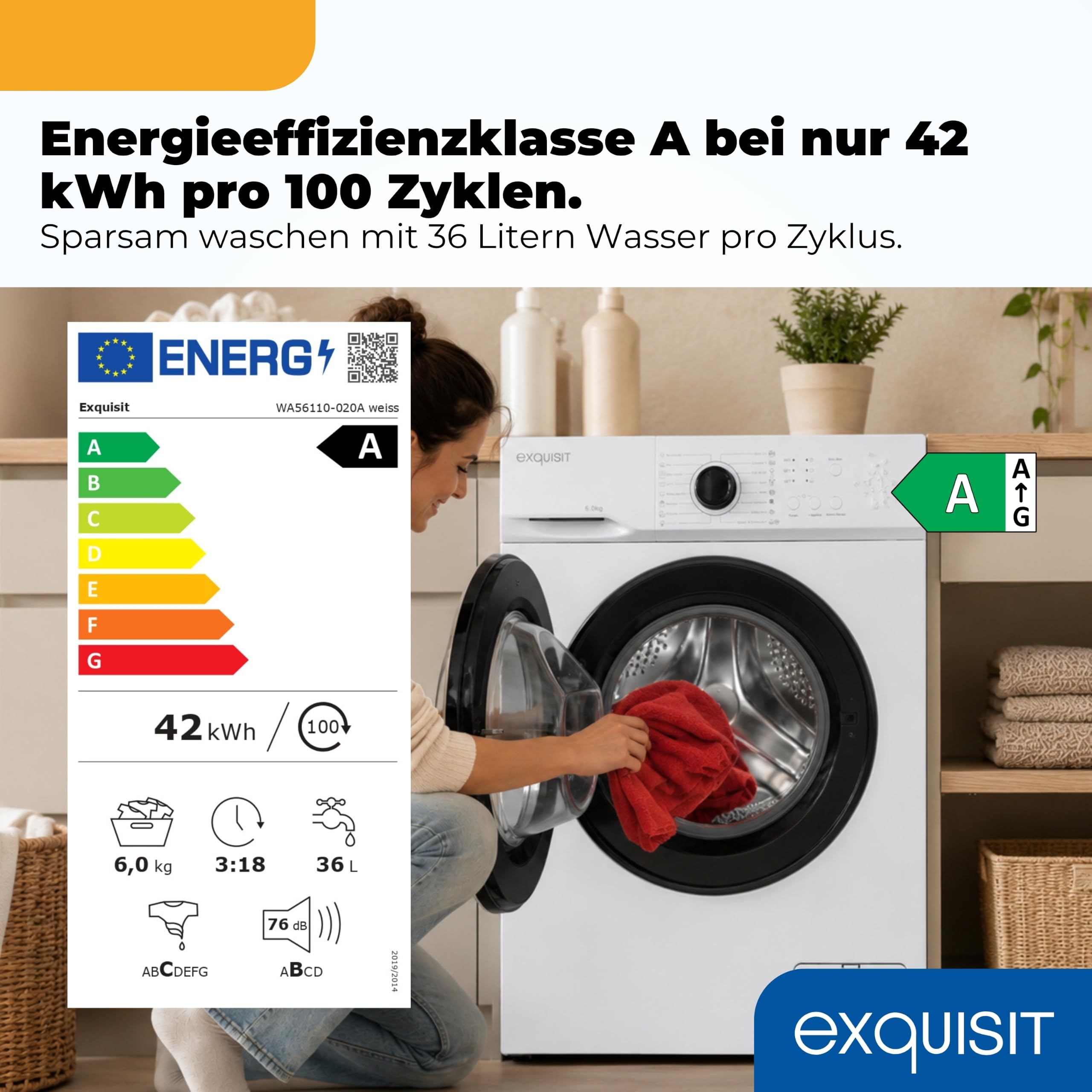Exquisit Waschmaschine 6 kg Energieklasse A 16 Programme Aquastop 1000 U/min 44 cm Tiefe WA56110-020A Weiss