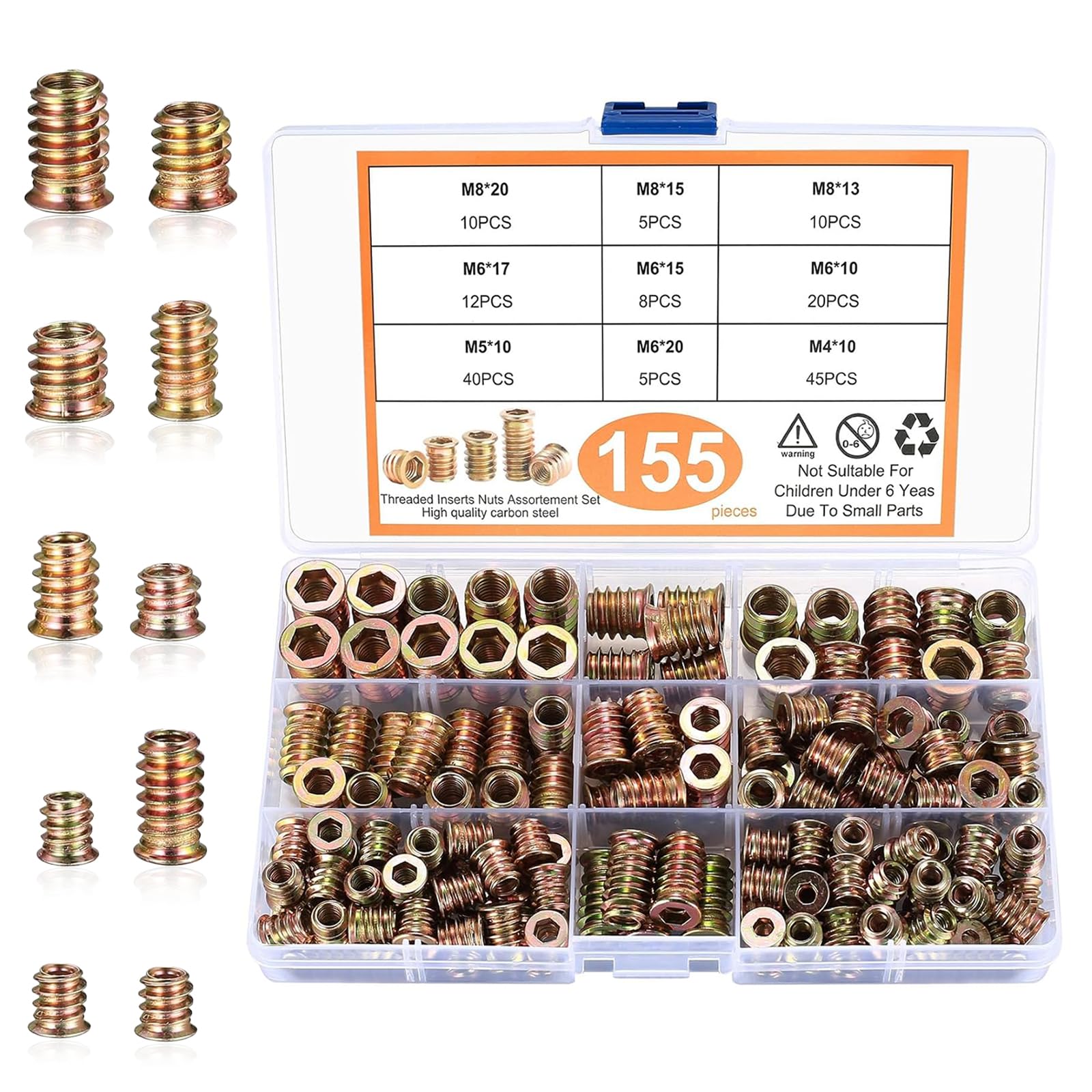 Threaded Inserts for Wood 155 PCS Insert Nuts M4 M5 M6 M8 Hex Drive Head Nut Zinc Alloy Hex Socket Drive for Wood Furniture DIY Project