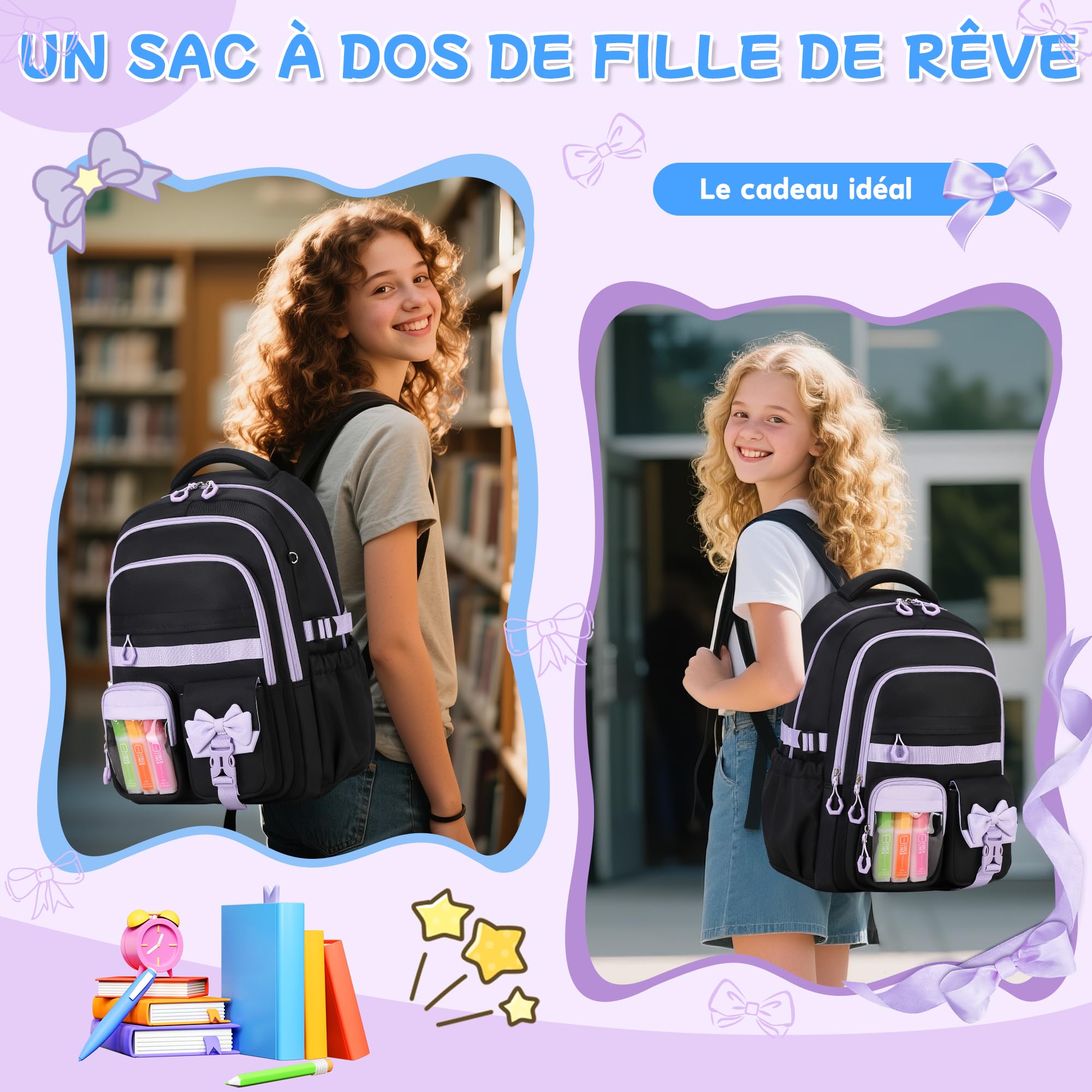 Sisipoet Cartable Fille Primaire, Sac à Dos Scolaire College Étanche Daypack pour Adolescentes, Cartable Kawaii à Carreaux pour Filles de 10 à 16 an pour les Voyages - 5