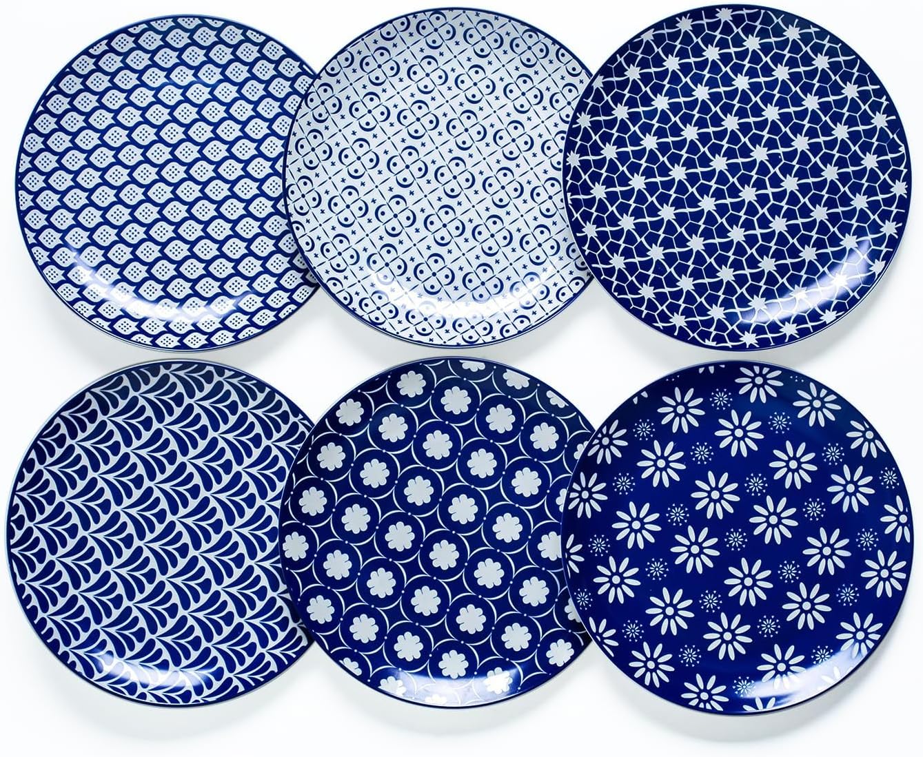 AntoKueh Porcelain Dinner Plates Set of 6, 10.5 Inch Large Ceramic Plates - Blue and White Vintage Design for Salad, Pasta, Steak - Scratch, Chip Resistant, Dishwasher & Microwave Safe