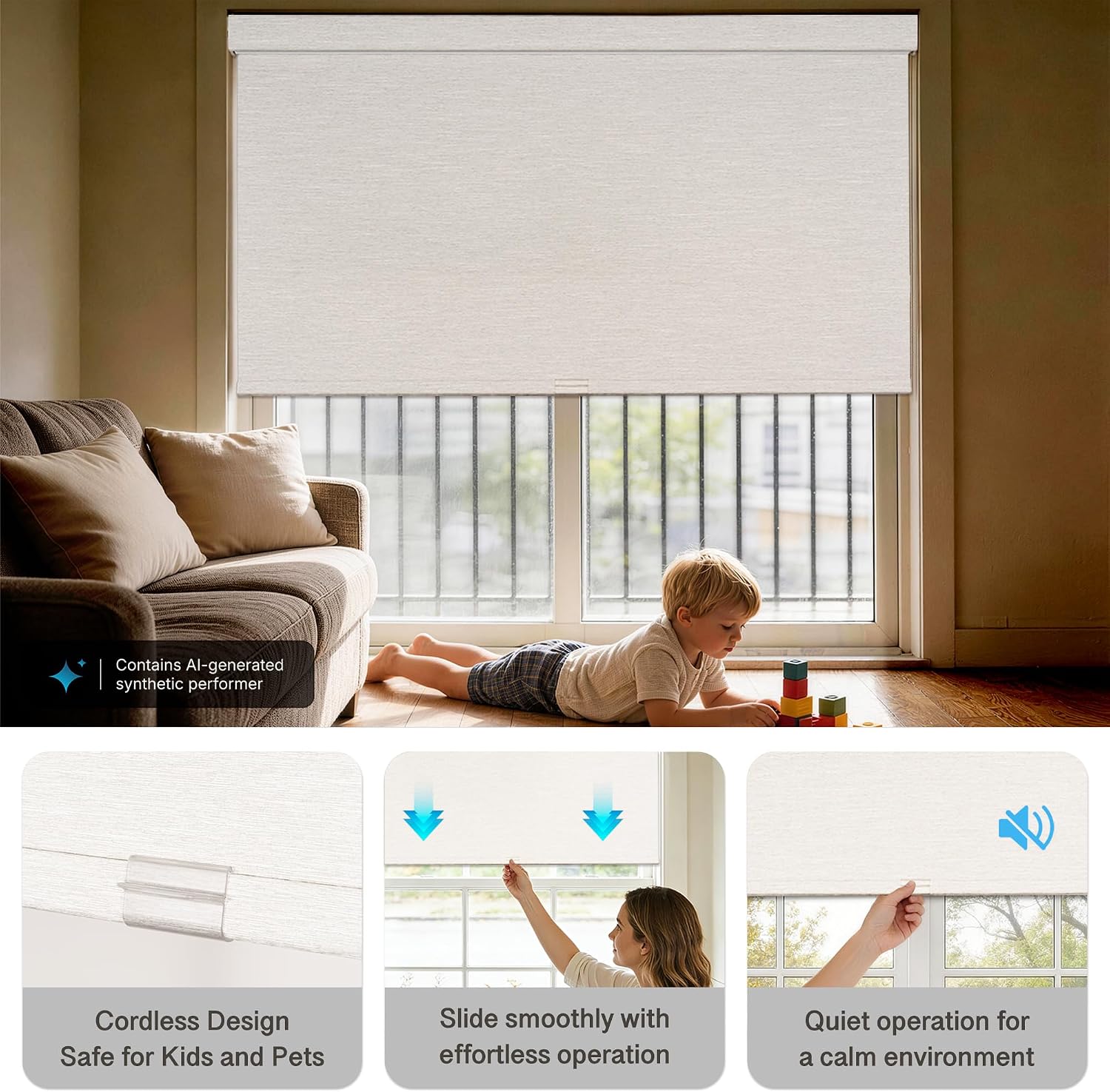 Hestia No Drill Blackout Roller Shades with Fascia Valance, Cordless Free-Stop Linen-Like Thermal Insulated Blinds with UV Protection for Bedroom, Nursery and Home Office,White,34.5" W X 72" H