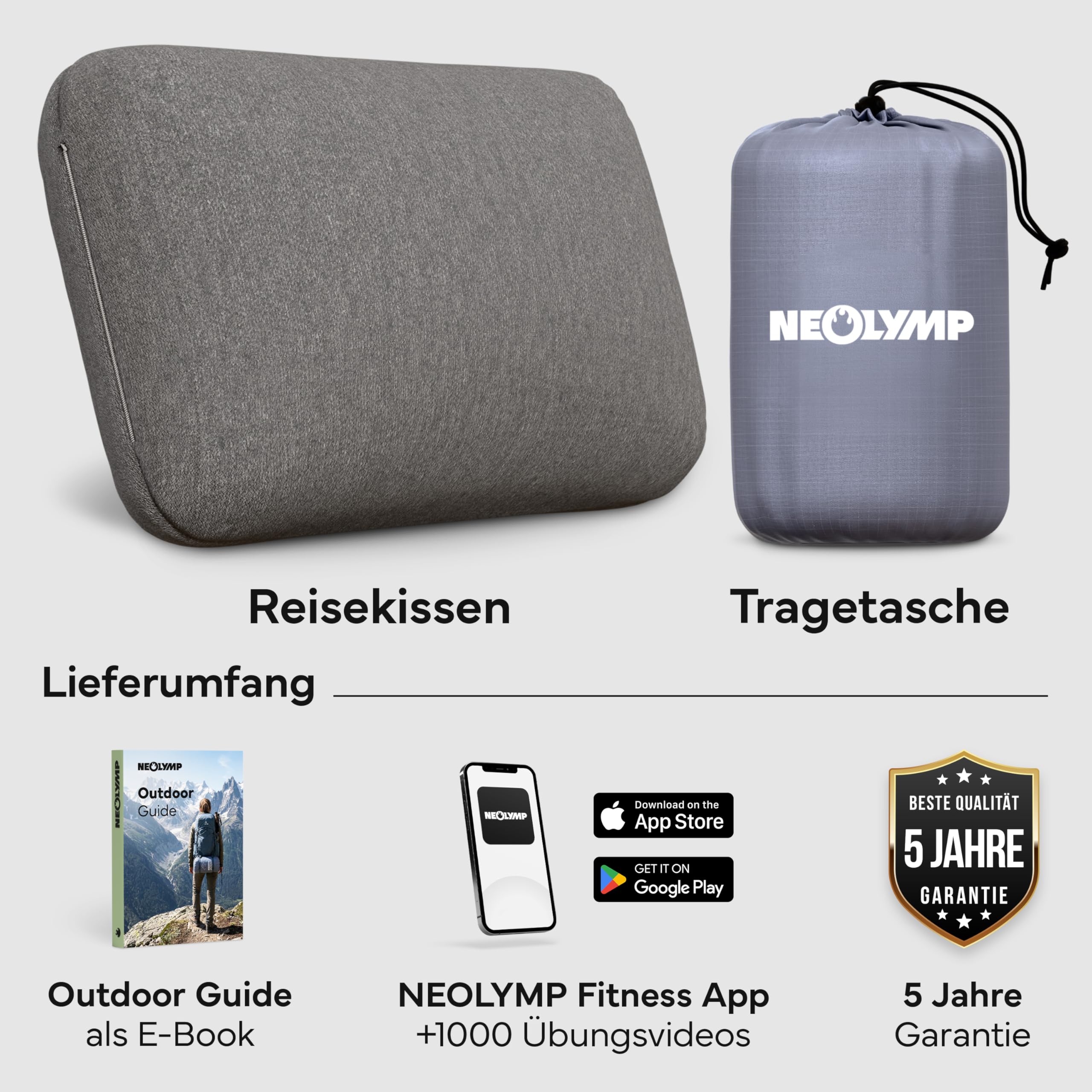 NEOLYMP Reisekissen Memory Foam 50x30x10 cm - kompaktes ergonomisches Kissen atmungsaktiv & waschbar mit Tragetasche - Camping Kissen & Flugzeug Kissen fürs Reiseformat (Reisekissen)
