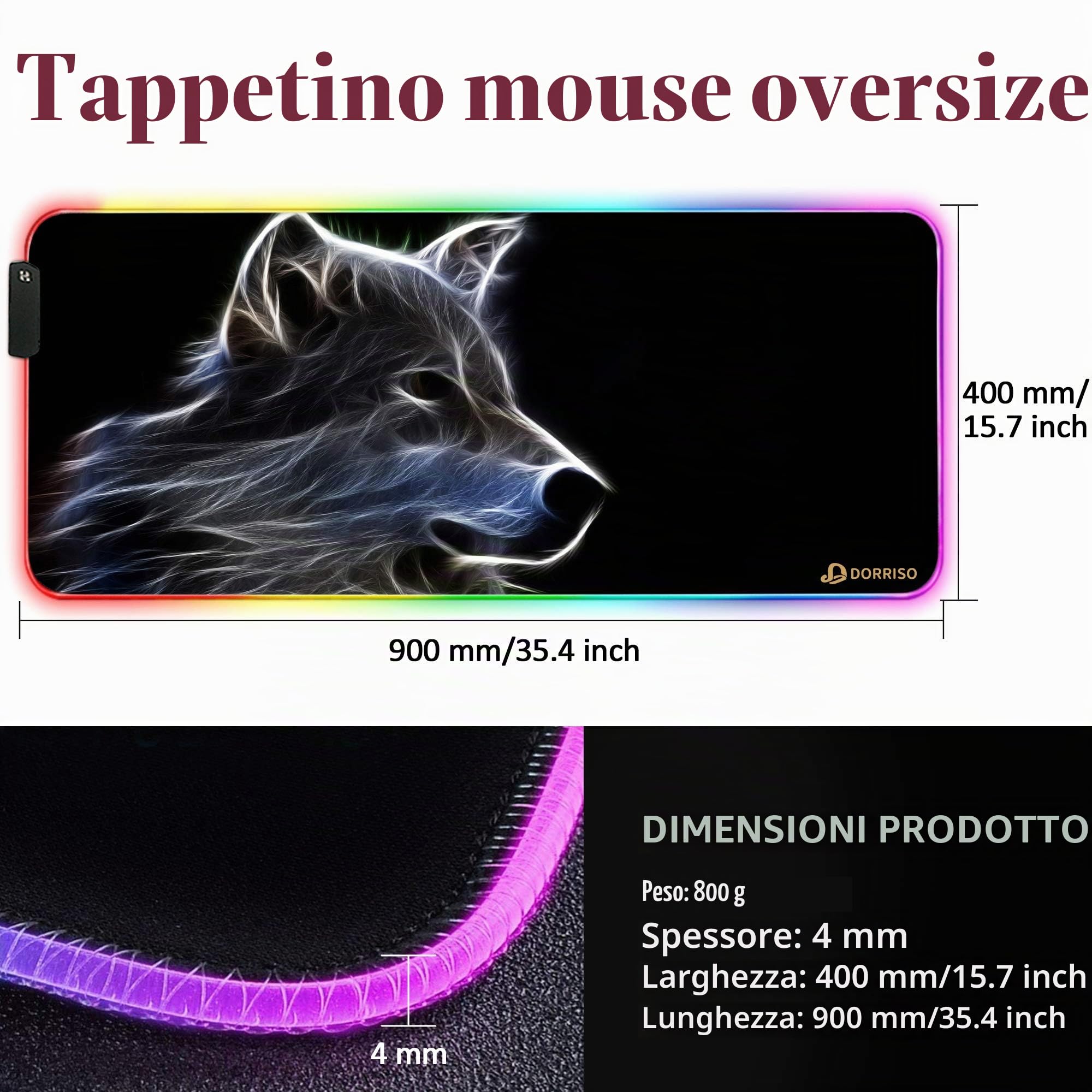 RGB Tappetino per Mouse Gaming XXL 900 x 400 mm Grande Mouse Pad 12 LED Effetti Luce Superficie Liscio Antiscivolo Computer PC e Laptop Tappetino per Mouse Lupo