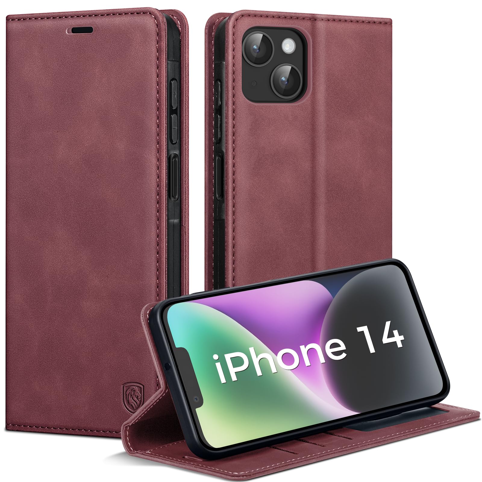 AIMOYU Handyhülle für iPhone 14 Hülle, Premium PU Leder Flip Case [RFID Blockierung] Magnet Tascher Kartenfach Standfunktion Schutzhülle für iPhone 14 Klapphülle, Weinrot
