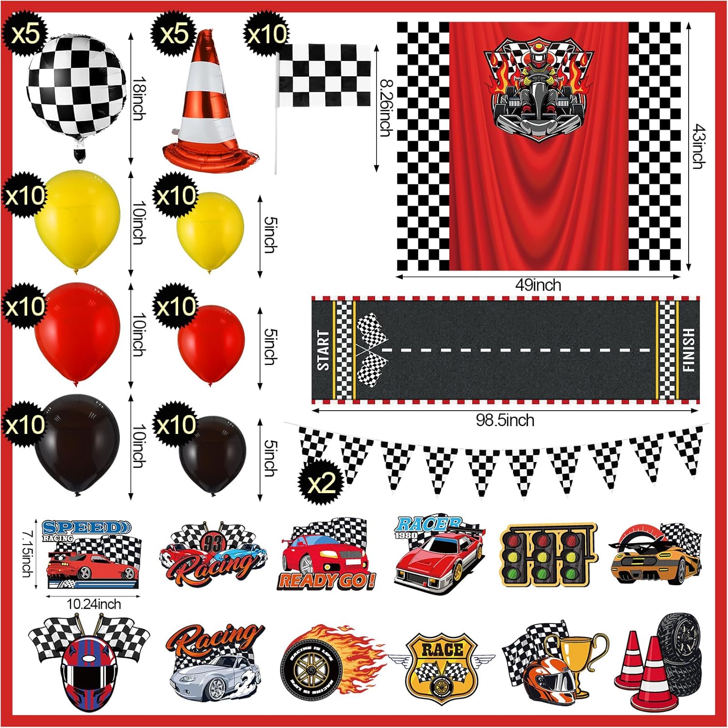98 Pcs Halloween Racing Trunk or Treat Car Decoration Kit, 1 Backdrop 1 Runway 2 Pennant Banner 65 Balloon 5 Traffic Cone 10 Race Flag 12 Cutout 1 Tape for Halloween Archway SUV Door Garage Decor