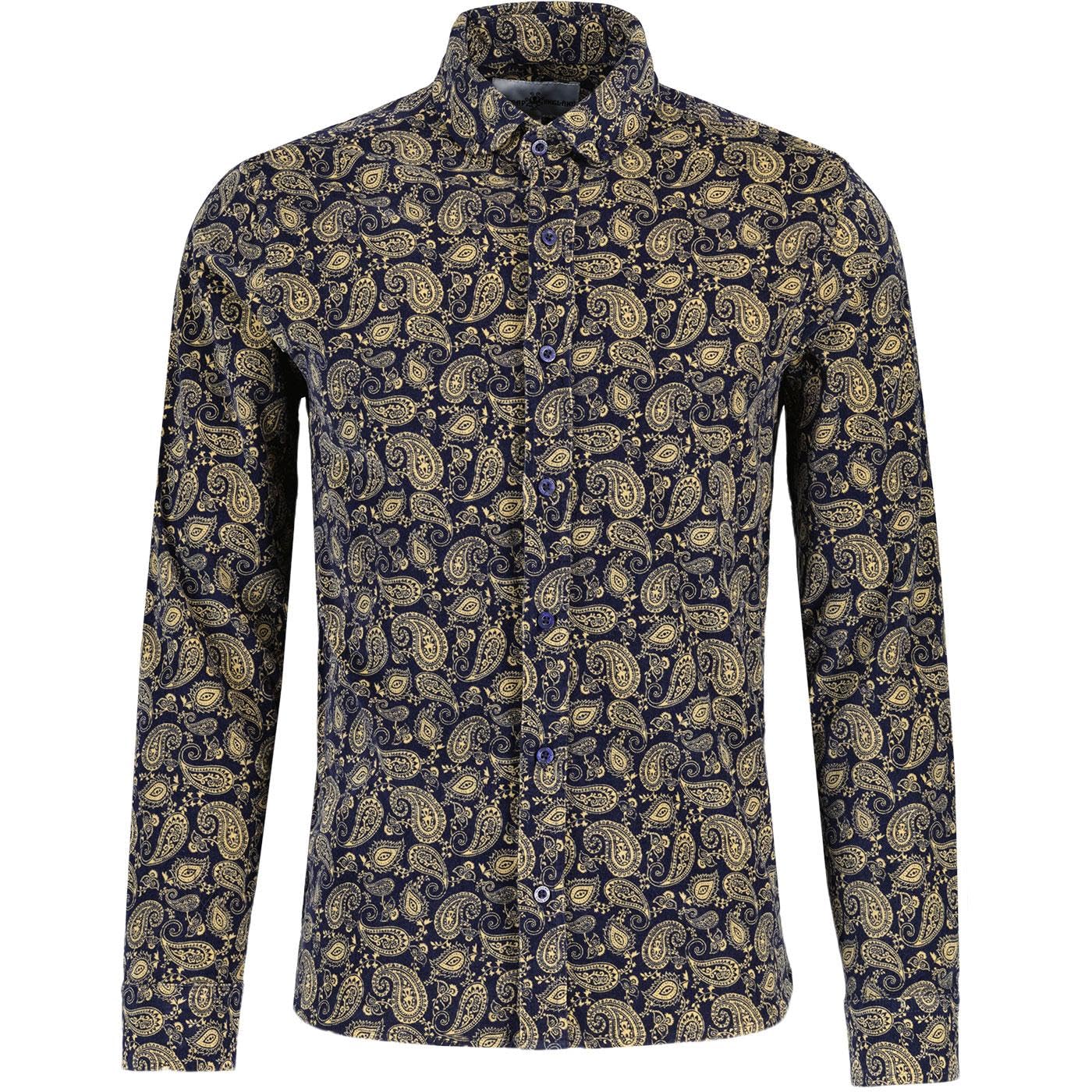 Madcap England Men's Navy Retro Mod 60S 70S 90S Indie Slim Fit Baby Cord Corduroy Paisley Print Round Penny Collar Button Down Shirt Kinfauns Mc1059 (Uk, Alpha, L, Regular, Regular, )