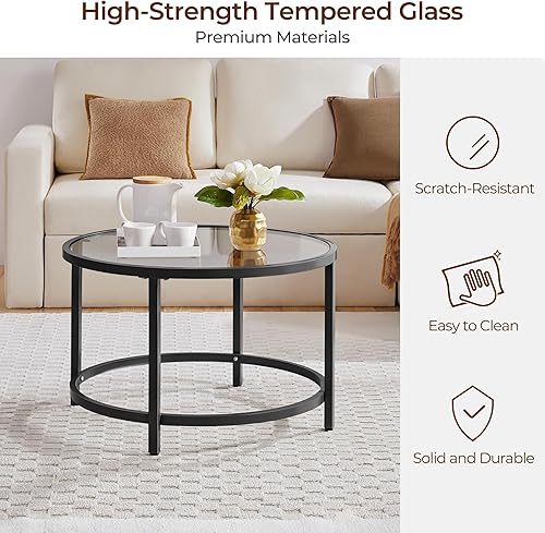 Miniatura 15 de Yaheetech Mesa de centro de cristal dorado para sala de estar, mesa de centro redonda de vidrio de 36 pulgadas con marco de metal, mesa de centro