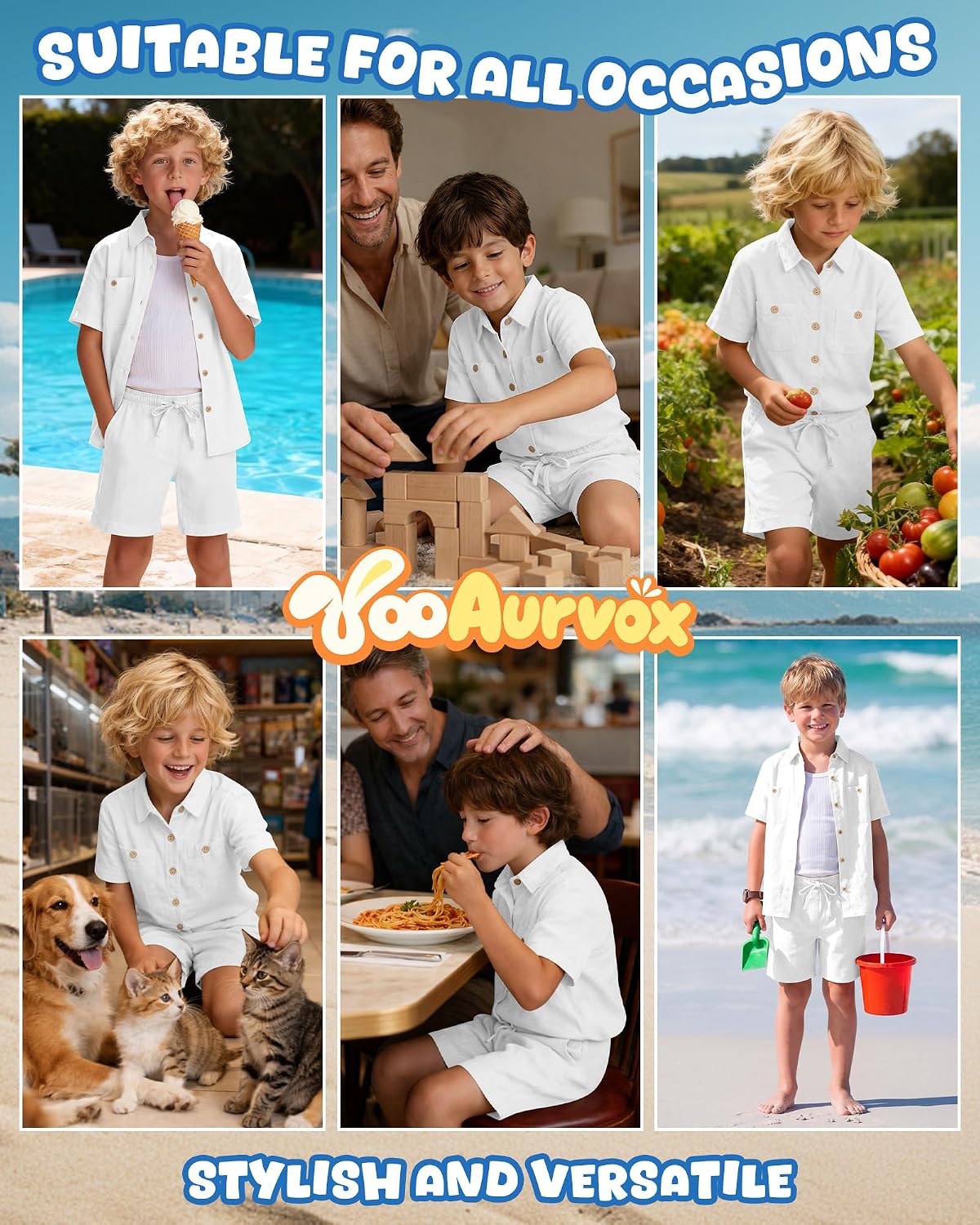 Boy's 2 Pieces Linen Outfit Summer Kid Beach Vacation Sets Short Sleeve Button Down Shirt and Shorts Pockets 5-14Y