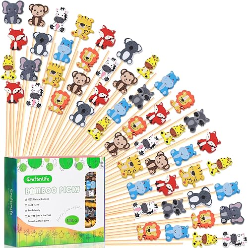 Palos de cóctel con temática de animales de safari Young Wild One Three Decor Palillos de dientes de frutas y postres, sándwich de comida,