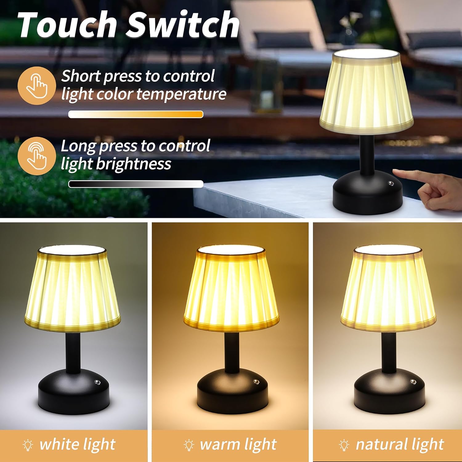 Mr.White Rechargeable Cordless Table Lamp with Fabric Lampshade & Adjustable Poles, 5200mAh Battery Operated Portable Table Light for Patio Restaurant Kitchen Dining (Black)